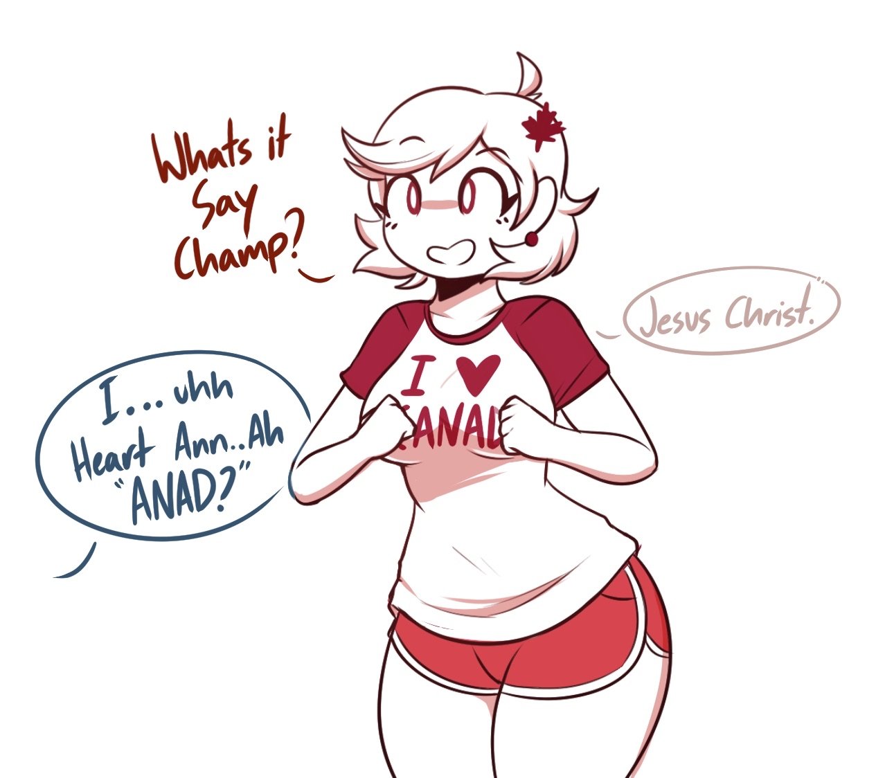 1girls, anal, anal invitation, anal suggest, arched back, ass, big ass, big breasts, breasts, canada (countryhumans), canada (egobuzz), clothed, clothed female, clothing, color, countryhumans, countrypersons, dialogue, english text, female, female focus, fully clothed, giidenuts, human, human only, imminent anal, national personification, open eyes, shirt, short shorts, shorts, standing, text, thighs, twitter link, white background, white body, white hair, white skin