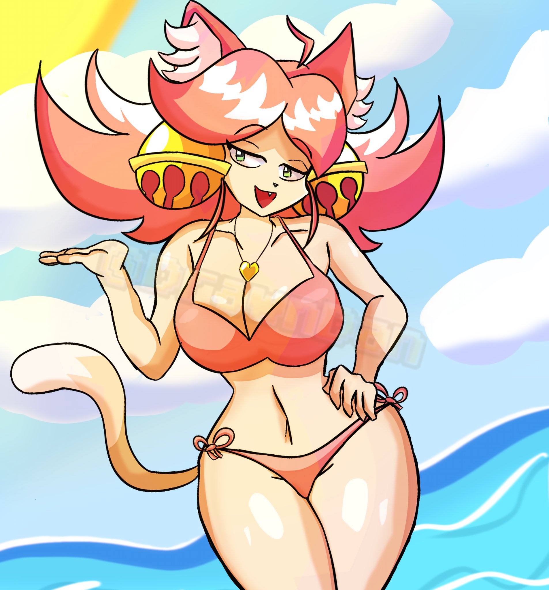 1girls, ahoge, animal ears, artist request, bangs, beach, bikini, breasts, cat ears, cat tail, cleavage, deltarune, deltarune chapter 5, furry, green eyes, hand on hip, huge ahoge, jewelry, large breasts, looking at viewer, mad mew mew, mew mew kissy cutie, navel, necklace, open mouth, pink (deltarune), pink bikini, side-tie bikini, smile, solo, standing, swimsuit, tail, water, wide hips