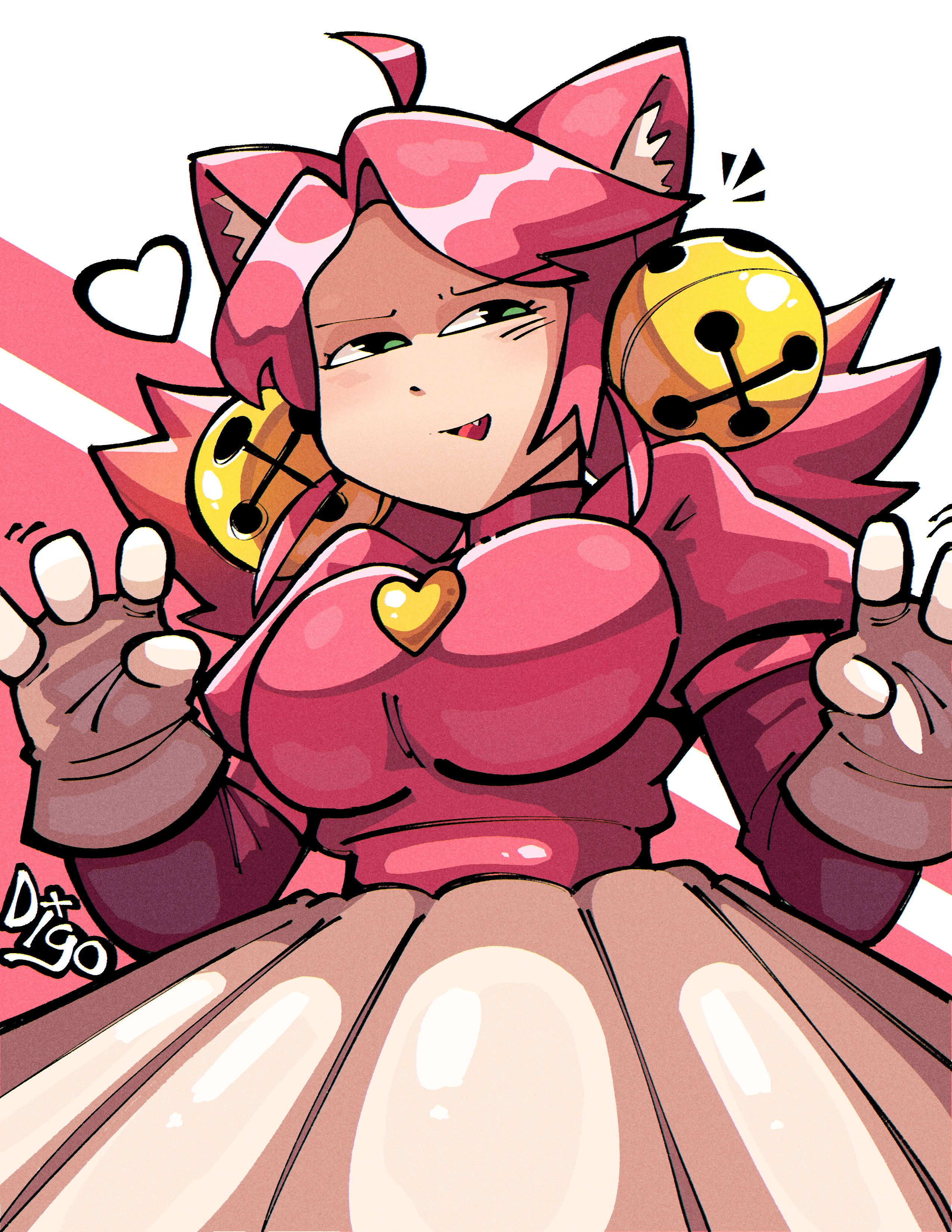 1girls, ahoge, animal ears, bell, big breasts, breasts, cat ears, cat girl, cat tail, deltarune, digothegoat, gloves, green eyes, heart, huge ahoge, large breasts, looking at viewer, mad mew mew, pink (deltarune), pink hair, puffy sleeves, short hair, solo, undertale (series)