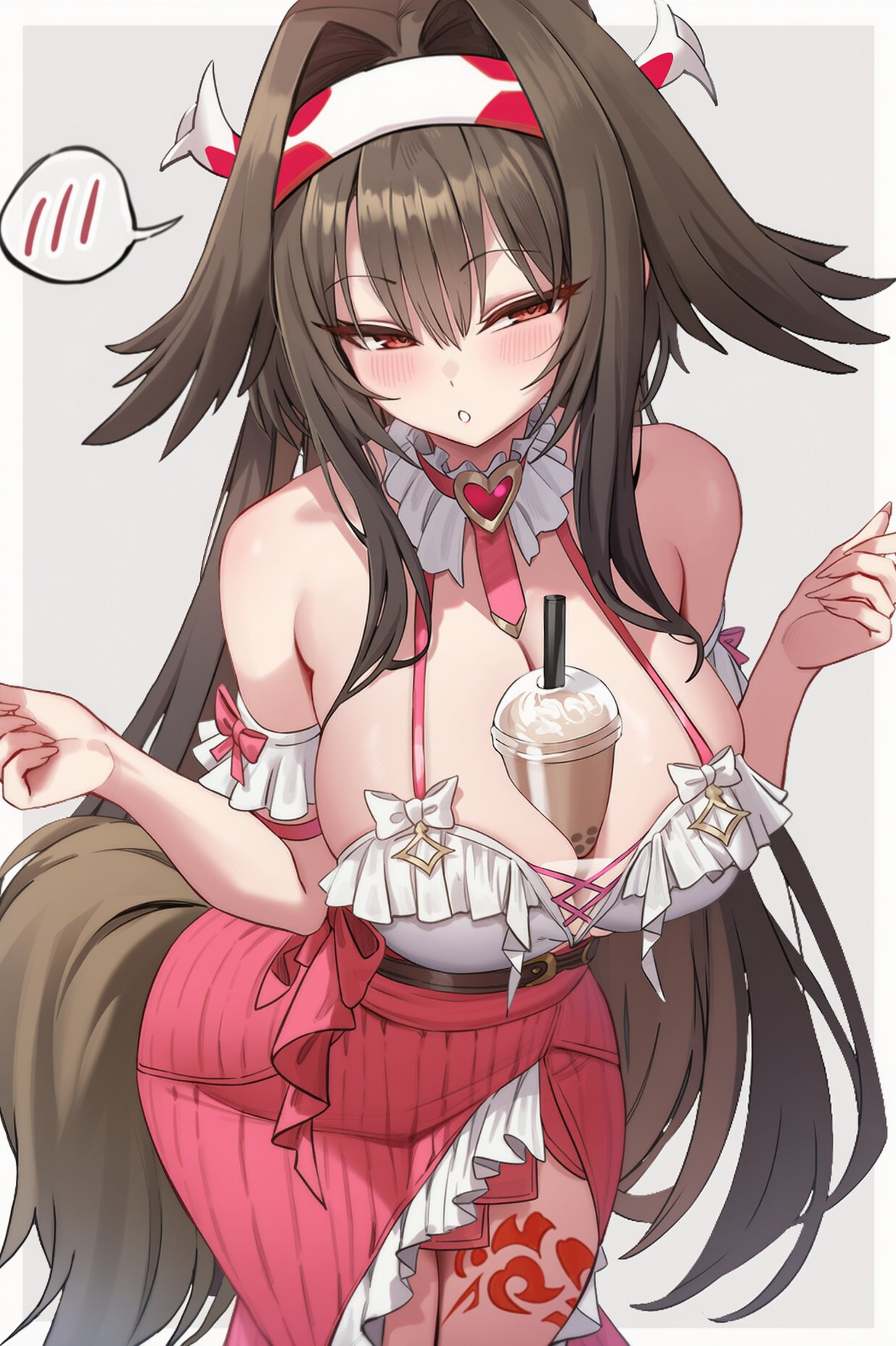 1girl, bangs, bare shoulders, big breasts, blush, breasts, brown hair, bubble tea, bubble tea challenge, cowboy shot, cup, disposable cup, drinking straw, grey background, hairband, hoyoverse, large breasts, long hair, long nails, looking at viewer, mihoyo, red eyes, skirt, solo, spoken blush, striped, striped background, tail, vertical stripes, ye shunguang, ye shunguang (touch of dawnlight), zenless zone zero
