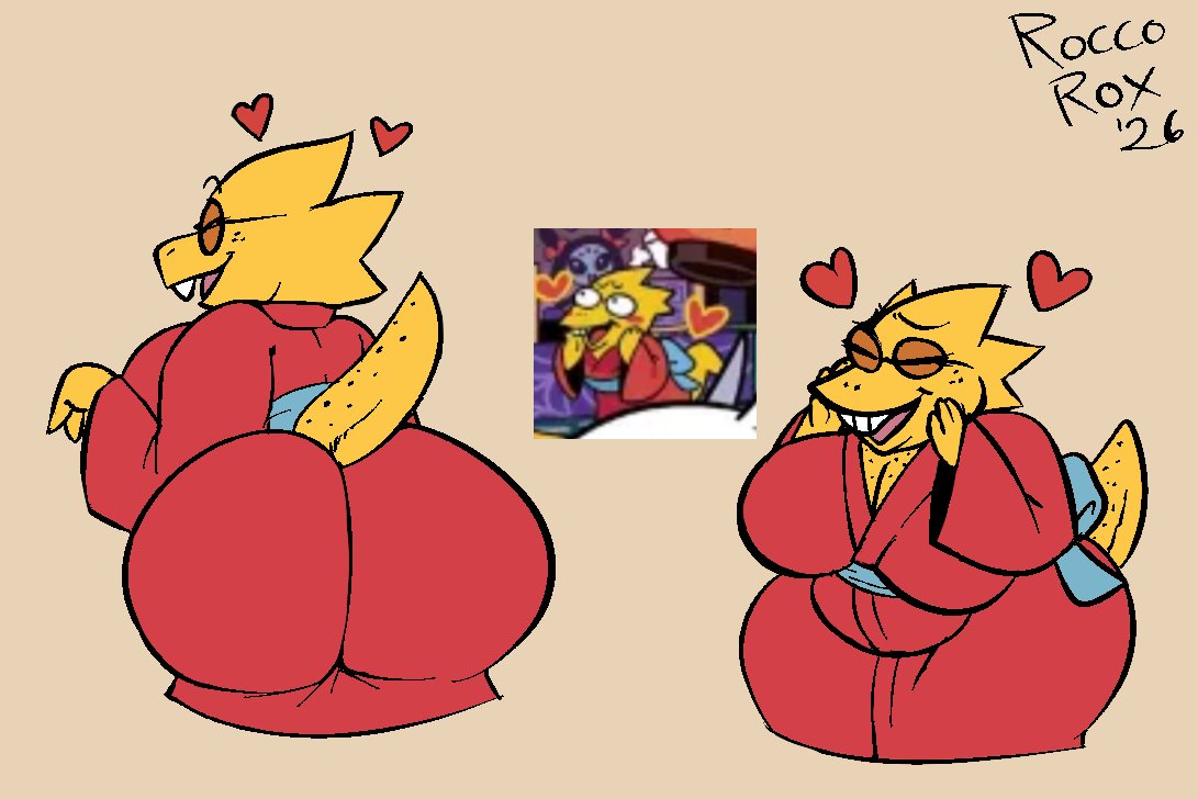 1girl, 1girls, 2d, alphys, alphys (undertale), anthro, anthro female, anthro only, ass, ass bigger than head, big ass, big breasts, big butt, big butt (female), boobs, breasts, chubby, chubby female, clothing, curvy, curvy figure, deltarune, deltarune chapter 5, dinosaur, dinosaur girl, fat ass, female, female only, freckles, fully clothed, furry, furry female, furry only, happy, heart, hearts around head, huge ass, huge breasts, kimono, monster, monster girl, multiple images, no genitals, no sex, non-human, nonhuman, open mouth, overweight, overweight female, reference image, roccorox, scalie, scalie female, simple background, sirroccorox, smile, smiling, solo, solo female, tail, twitter link, undertale, undertale (series), yellow body