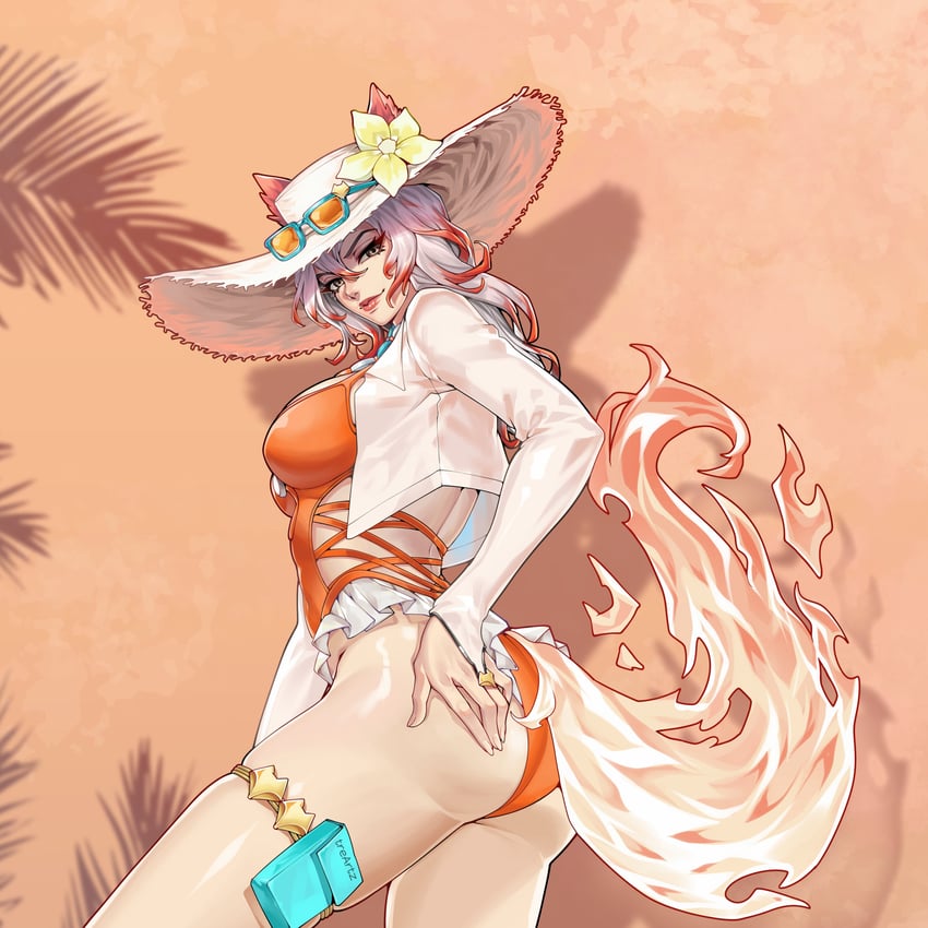 2d, 2d (artwork), animal ears, animal tail, asian, asian female, ass, ass focus, beach hat, big ass, breasts, feet out of frame, fox ears, fox girl, fox tail, hand on ass, hat, korean, korean female, kumiho, large breasts, light skin, light-skinned female, lipstick, long hair, looking at viewer, marvel, marvel rivals, multicolored hair, official alternate costume, one-piece swimsuit, orange one-piece swimsuit, orange swimsuit, smile, solo, sunglasses, swimsuit, tail, treartz, video games, white fox (coastal kumiho), white fox (marvel rivals), white fox (marvel), white hair, white hat