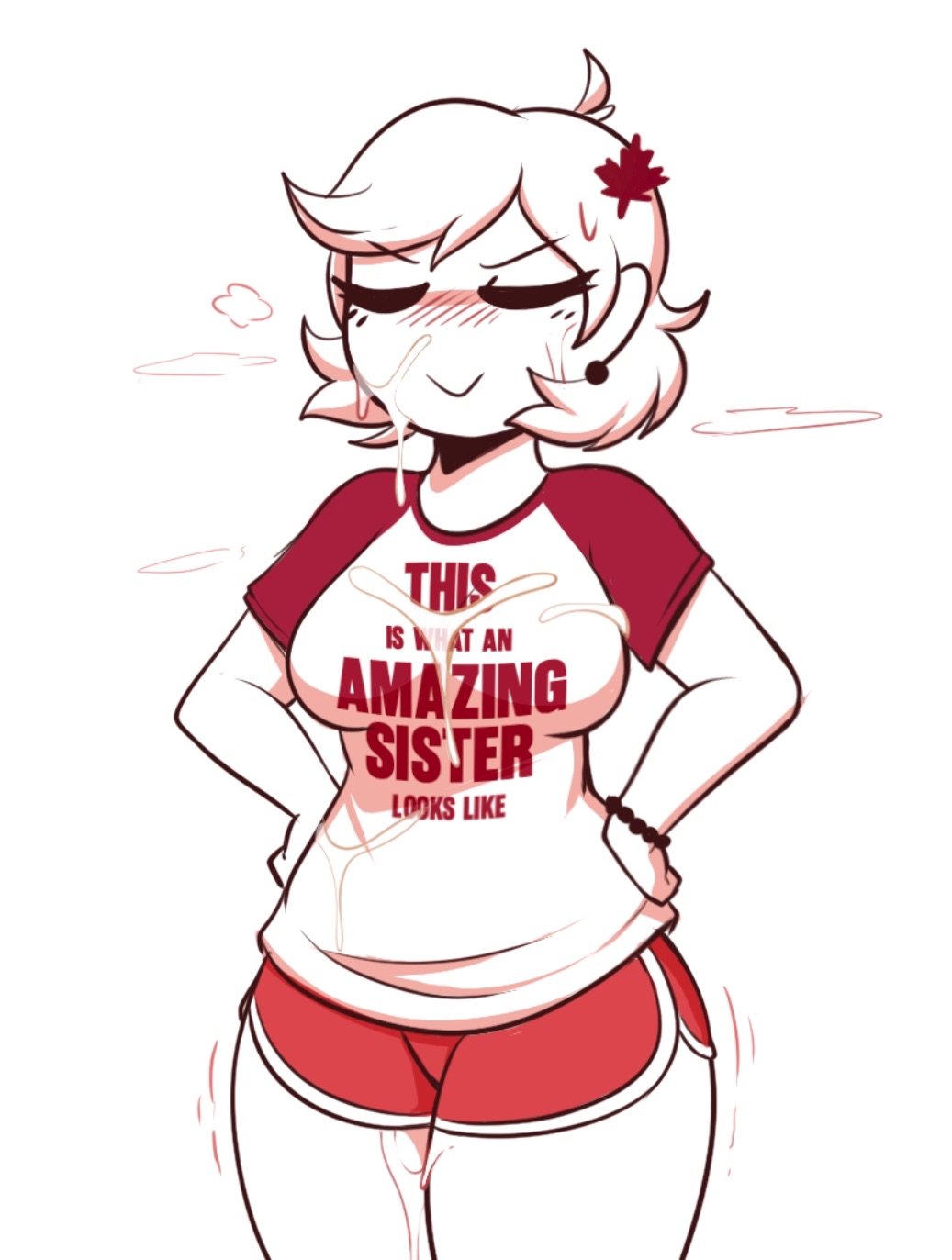 1girls, ahoge, big breasts, blush, bracelet, breasts, breath, canada (egobuzz), closed eyes, closed mouth, clothed, clothed female, clothing, color, countryhumans, countryhumans girl, countrypersons, cum, cum on body, earrings, english text, female, female focus, female only, fully clothed, giidenuts, hair ornament, hairclip, hands on hips, human, human only, incest, shirt, short shorts, shorts, simple background, smile, standing, text, thick thighs, thighs, twitching, twitter link, white background, white body, white hair, white skin, wide hips