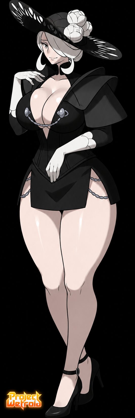 1girls, 2026, artist logo, big breasts, black background, breasts, cleavage, cogita (pokemon), curvy, curvy body, curvy female, curvy figure, edit, edited official artwork, full body, gloves, hair over one eye, hat, high heels, large breasts, looking at viewer, mole, mole under mouth, pokemon, pokemon legends: arceus, projectwetroid, smile, solo, solo female, strappy heels, tagme, thick thighs, thighs, white gloves, wide hips