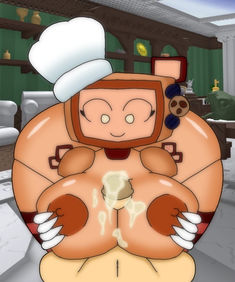 1boy, 1girls, anthro, areolae, badware (die of death), bald, bigger female, breasts, civilian (die of death), cookieware (die of death), die of death (roblox), female, femdom, nipples, nude, paizuri, pov, roblox, roblox background, roblox game, robloxian, robot girl, screen face, strimvade5000 (artist), titjob, tits, villainess