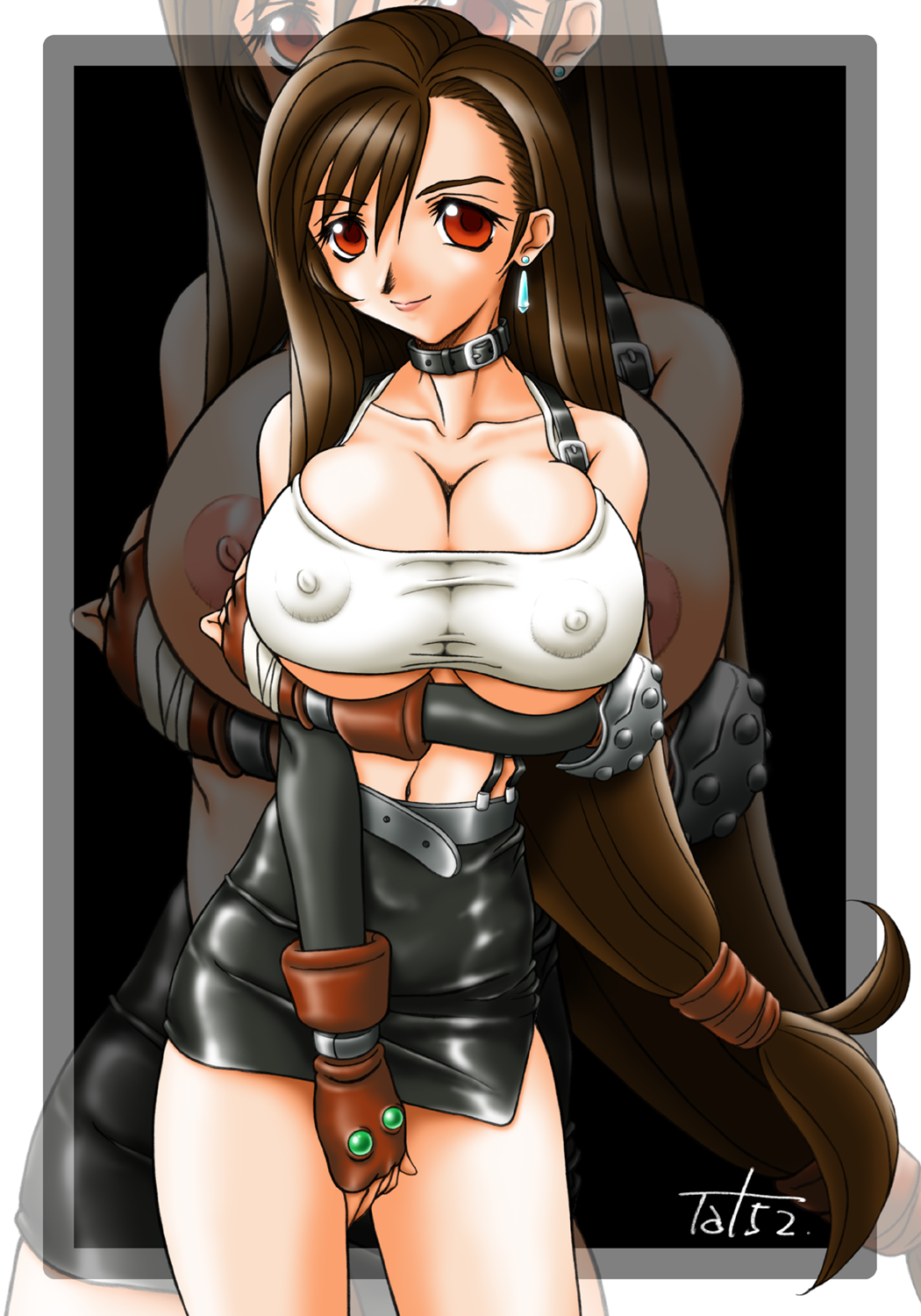 1girls breasts brown_hair cleavage female final_fantasy final_fantasy_vii huge_breasts large_breasts long_hair looking_at_viewer nipples red_eyes skirt source_request ta152_(graf_zeppelin) tagme tifa_lockhart tight_clothing tight_shirt underboob