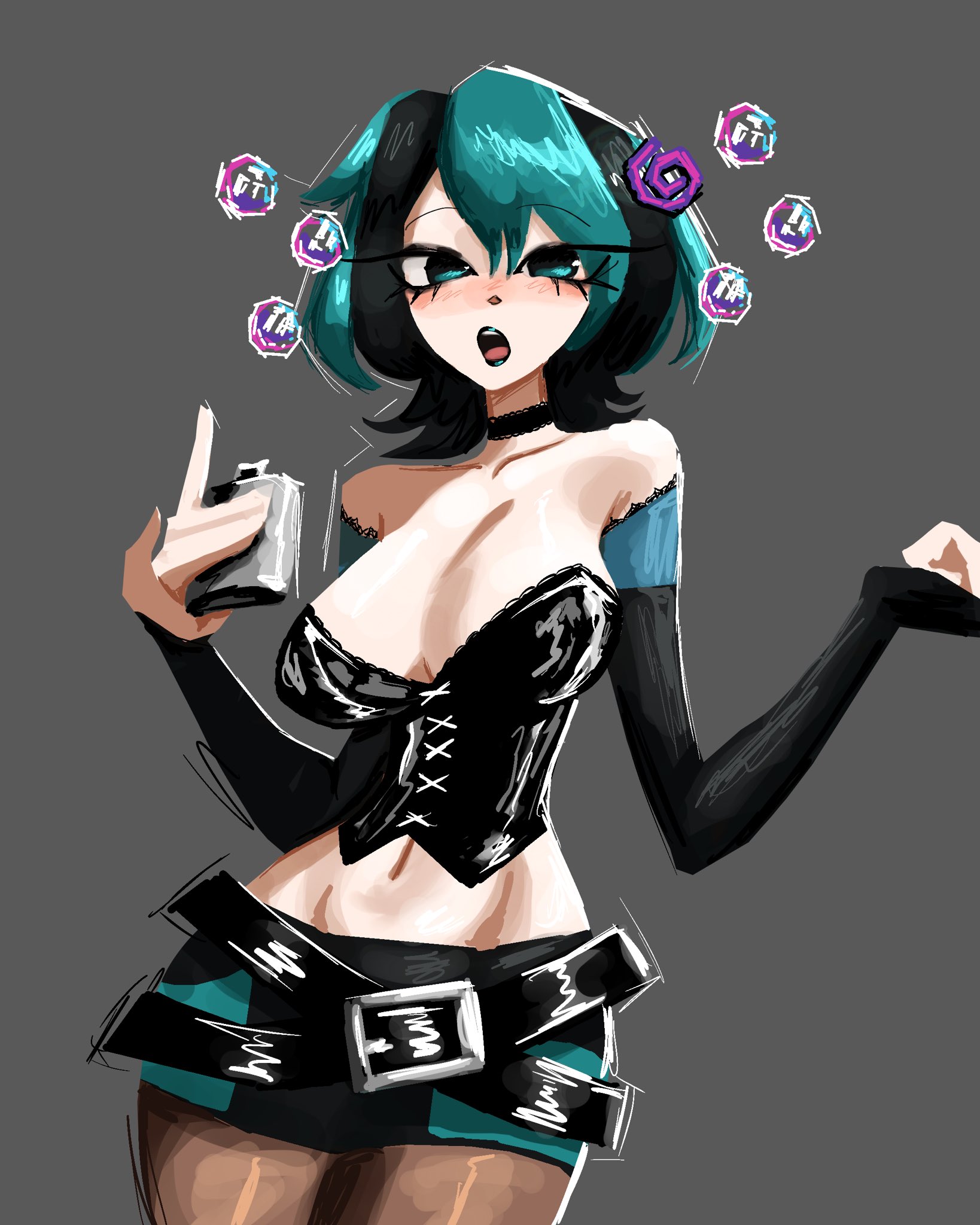 1girls, aqua hair, artist request, bare shoulders, big breasts, black choker, black hair, breasts, cartoon network, choker, detached sleeves, elbow gloves, goth girl, green hair, grey background, gwen (tdi), hair ornament, large breasts, looking at viewer, midriff, miniskirt, multicolored hair, navel, short hair, skirt, solo, strapless, total drama island