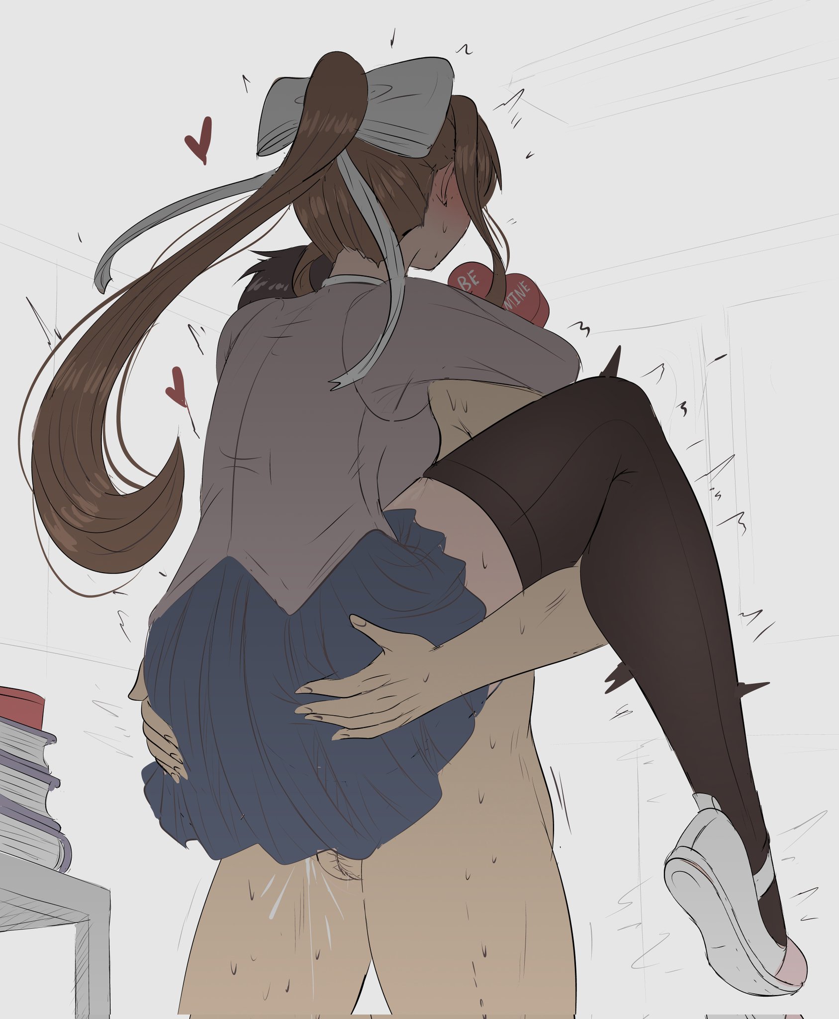 carrying, carrying partner, doki doki literature club, fuzzlogik, lifting person, long hair, monika (doki doki literature club), non-human, thighhighs, toony
