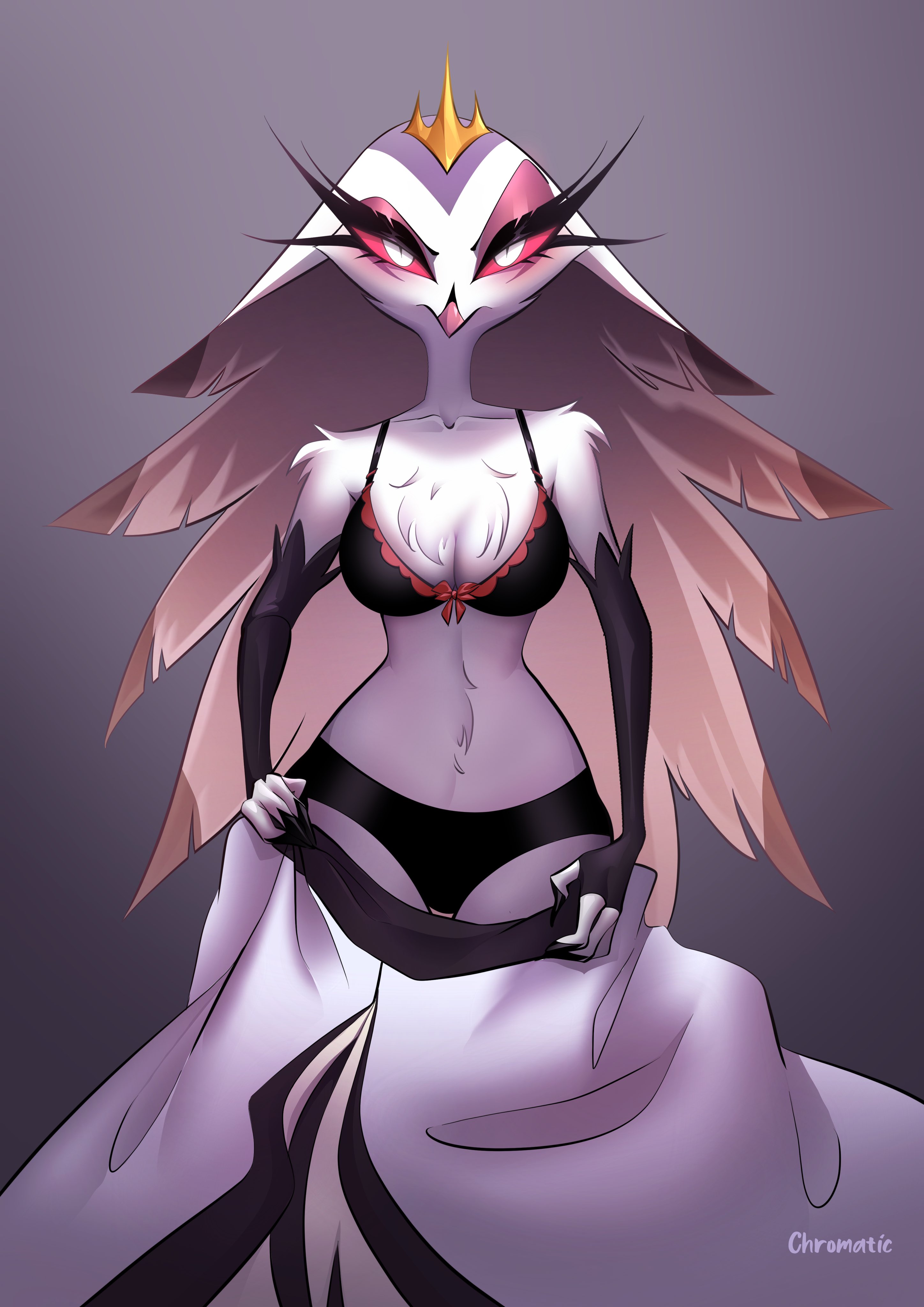 1girls, anthro, beak, bird, bird girl, black bra, black panties, bra, breasts, chromaticmood, cleavage, crown, dress down, dress removed, eyelashes, eyeshadow, female, female only, fur, half-closed eyes, headwear, helluva boss, hips, looking at viewer, mature, mature female, mature woman, medium breasts, milf, mother, panties, pink sclera, solo, solo female, stella (helluva boss), thighs, underwear, undressing, white body, white eyes, white skin