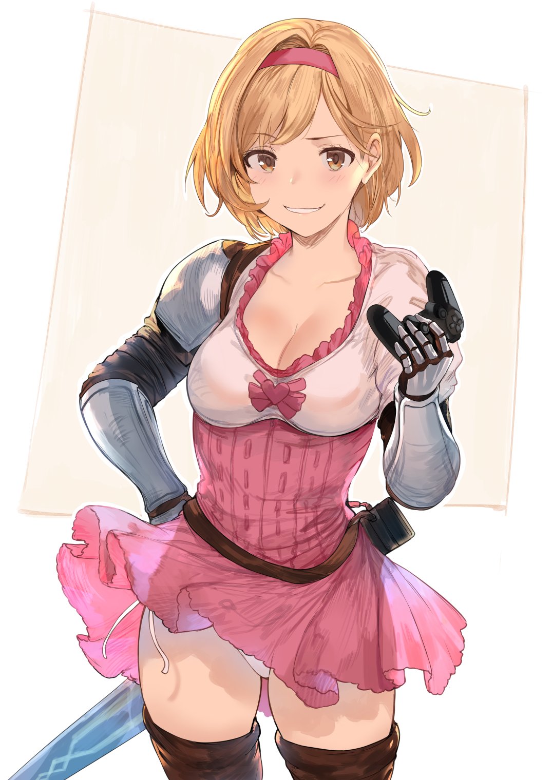 1girls, blonde, blonde female, blonde hair, blonde-haired female, breasts, brown eyes, brown thighhighs, cleavage, djeeta (fighter), djeeta (granblue fantasy), female, granblue fantasy, hews, hews hack, medium breasts, panties, pantyshot, pantyshot (standing), short hair, thighhighs, underwear, upskirt, white panties, white underwear