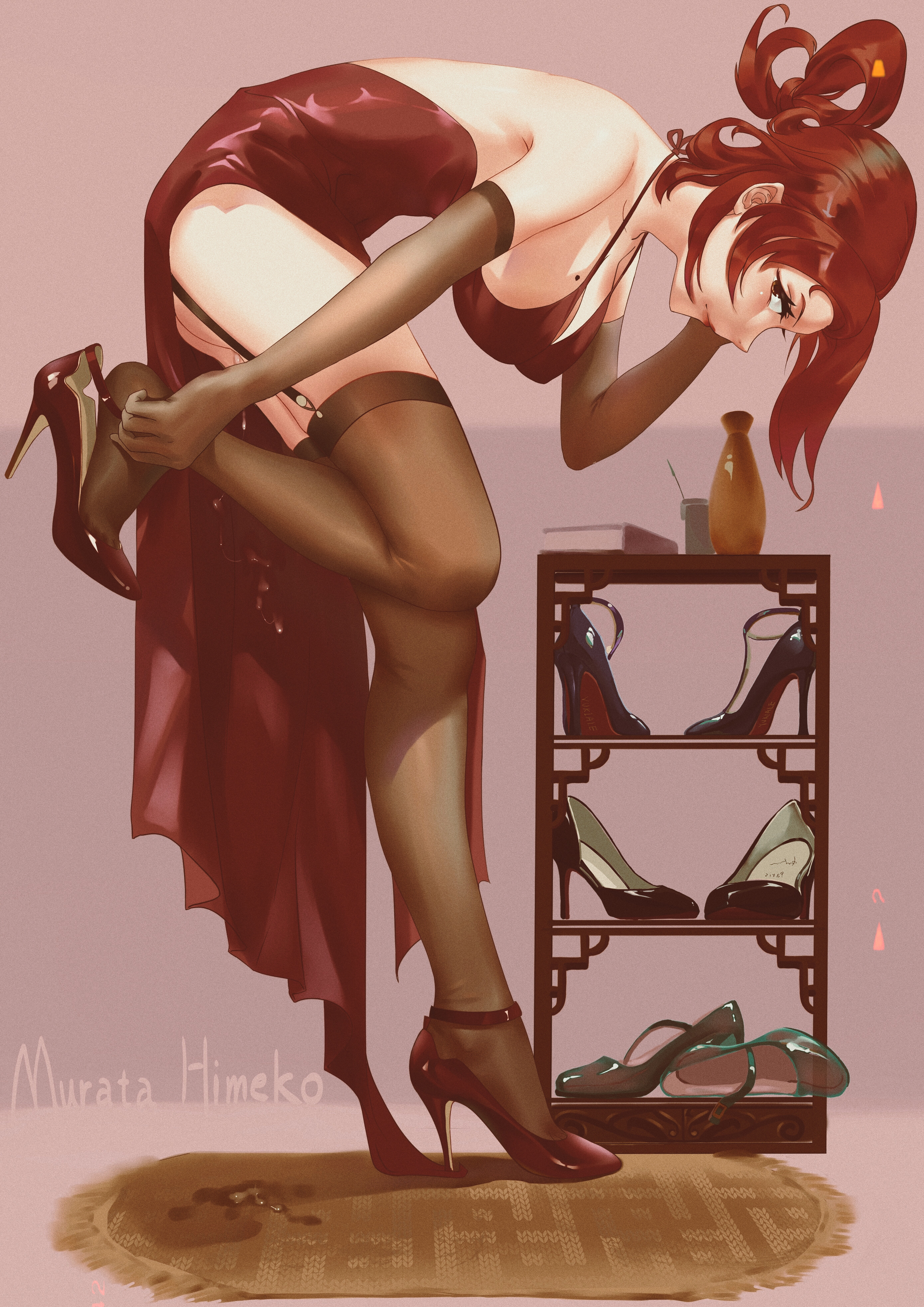 1girls, 2020, 2d, 2d (artwork), absurdres, after sex, bending forward, bending over, black shoes, book, brown thighhighs, character name, closed mouth, cum, cumdrip, cumdrip down legs, dress, elbow gloves, female focus, full body, gloves, green shoes, hanging breasts, hanging hair, high heels, honkai (series), honkai impact 3, implied after sex, implied sex, large breasts, lipstick, looking at viewer, looking to the side, looking to the side at viewer, makeup, mihoyo, mole, mole on breast, murata himeko, red dress, red hair, rug, semen, shelf, sideboob, simple background, sleeveless dress, solo, standing on one leg, stockings, tagme, thighs, two tone eyes, unworn shoes, vase, yellow eyes, yukiale