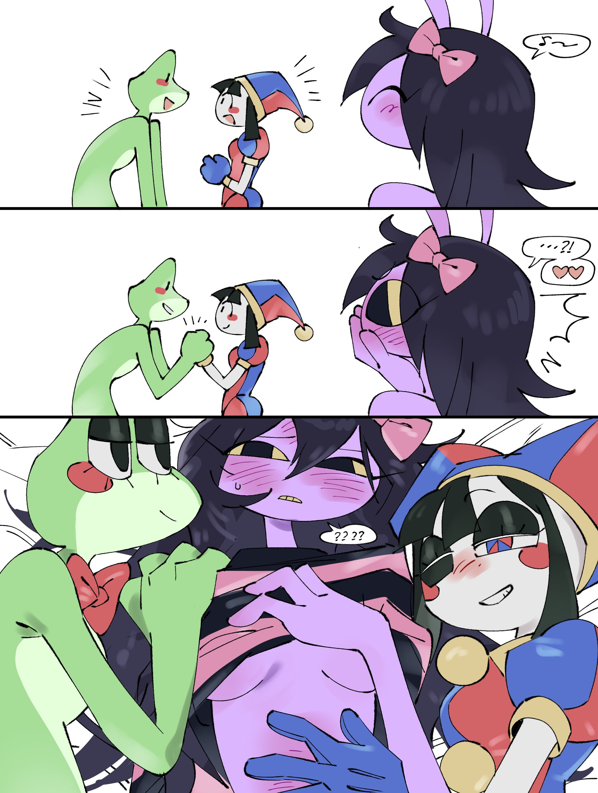 2026, 2d, 3girls, 3koma, artist request, blush, bow, dark hair, digital media (artwork), female jax, female only, frog, frog girl, girls only, glitch productions, gooseworx, gooseworx's post-transition jax design, green skin, hair ornament, hand over mouth, jax (tadc), jax (the amazing digital circus), jester, jester outfit, long hair, multicolored eyes, no bra, pale skin, pomni, pomni (the amazing digital circus), purple skin, rabbit, rabbit ears, rabbit girl, ribbit (tadc), ribbit (the amazing digital circus), speech bubble, the amazing digital circus, transgender woman, transgender woman (lore), undressing, undressing another, yellow sclera
