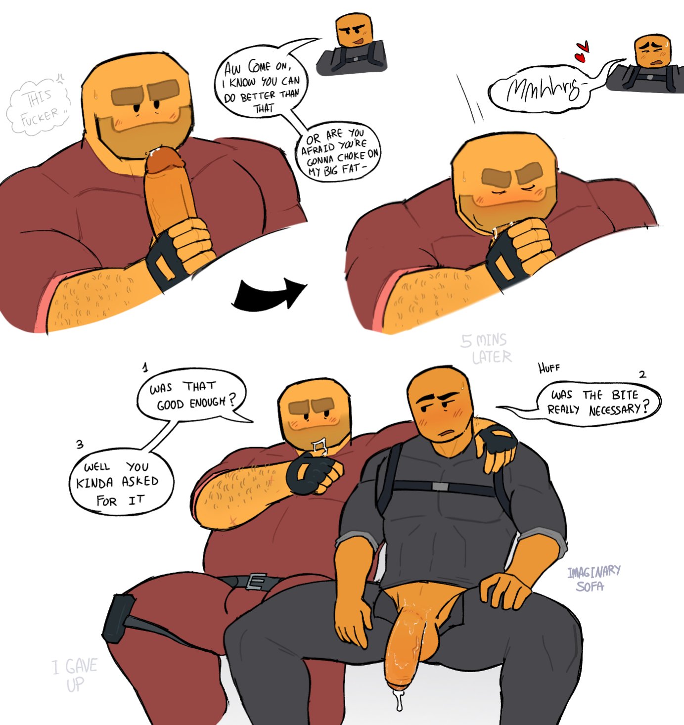 2boys, accelerator (tds), after blowjob, bite, blowjob, cum in mouth, deepthroat, dick out, erection, evil spongebob2, gay, grabbing penis, licking tip, looking at partner, minigunner (tds), sucking penis, tower defense simulator