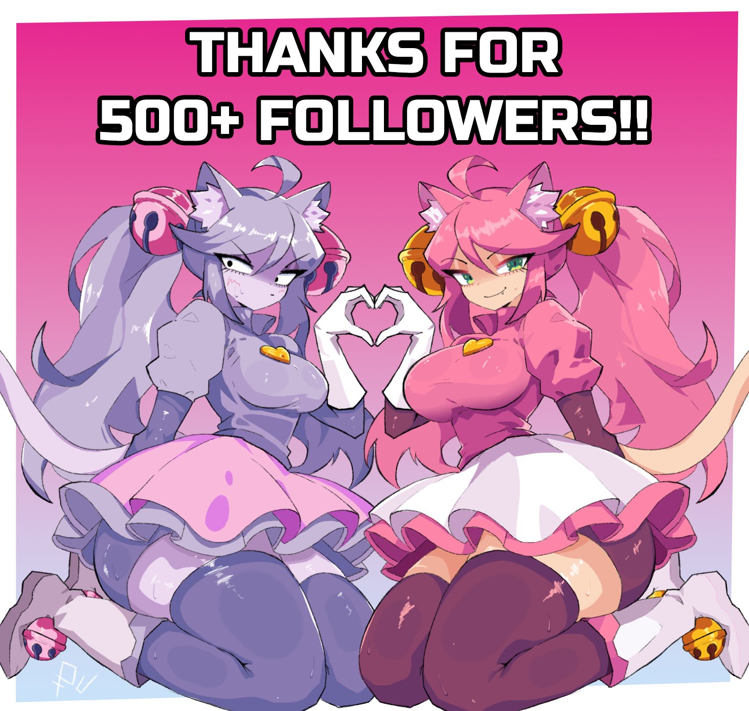 2girls, ahoge, alternate costume, animal ears, bangs, bell, big breasts, boots, breasts, cat ears, cat tail, closed mouth, deltarune, deltarune chapter 5, dual persona, eyebrows visible through hair, gloves, green eyes, hair between eyes, hair ornament, holding hands, irritable ghost (deltarune), jingle bell, kneeling, large breasts, long hair, looking at viewer, mad mew mew, mew mew kissy cutie, multiple views, pink (deltarune), pink hair, pink skirt, puffy sleeves, short sleeves, sitting, skirt, smile, tail, thighhighs, undertale, undertale (series)