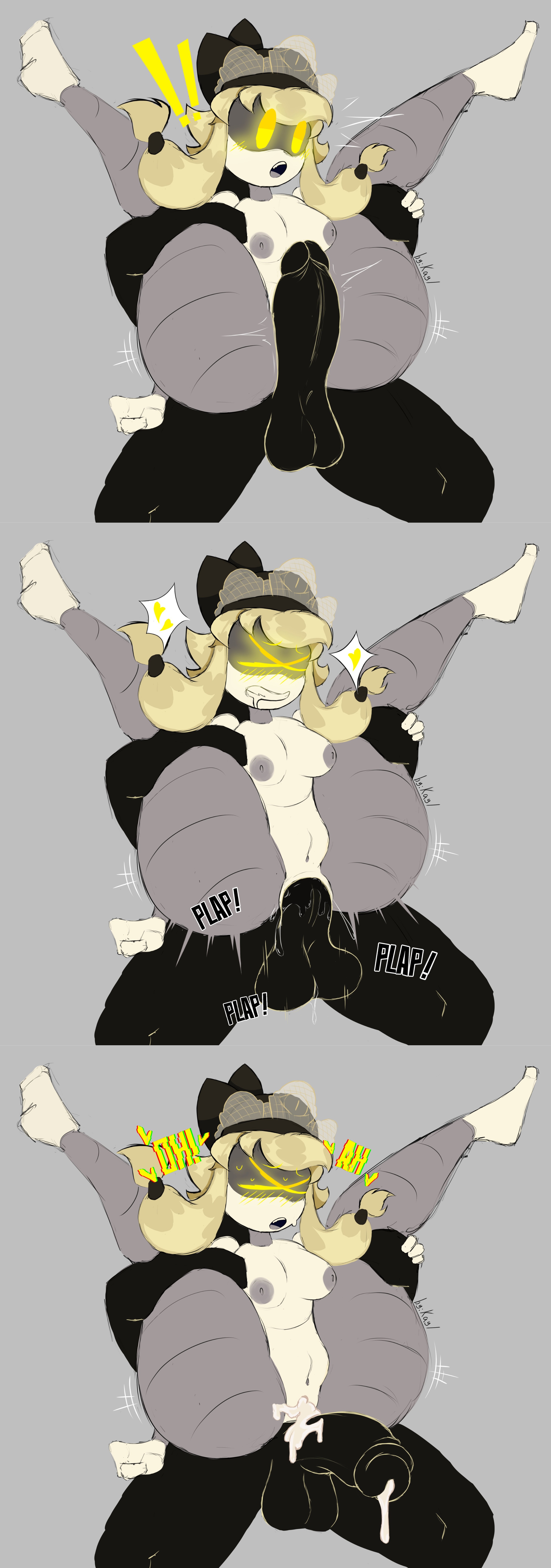 after anal, after sex, ass, blonde hair, blush, blush lines, blushing, breasts, cum, cum drip, cum in ass, cum inside, cyn (murder drones), erect penis, female, glitch productions, glowing eyes, grey nipples, half-erect, human, kayl, legs apart, legs held open, legs up, maid headdress, male, male/female, medium breasts, medium hair, moaning, murder drones, murder drones x humans, nipples, nude, nude female, nude male, penis, robot, yellow eyes