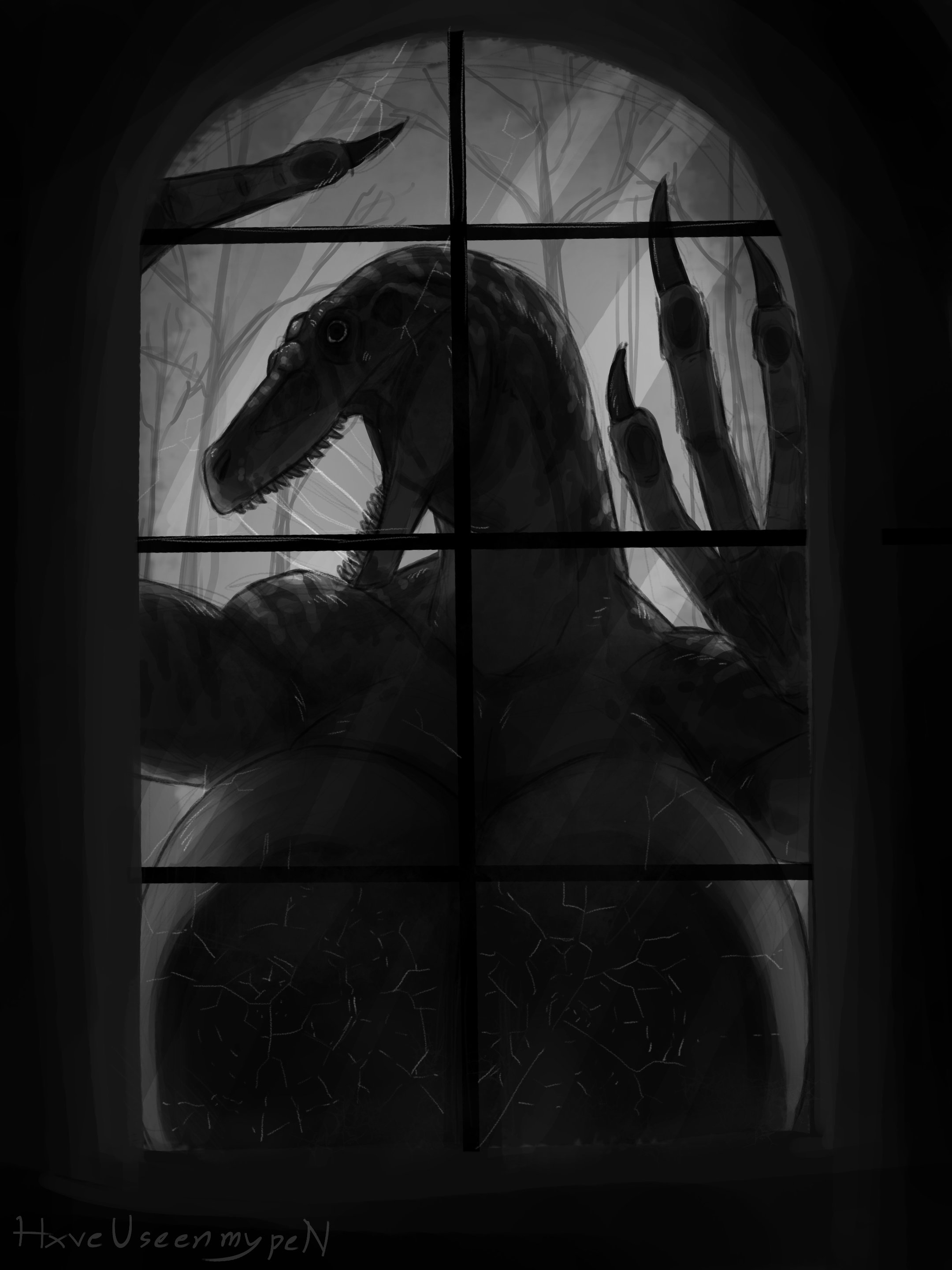 3:4, absurd res, against surface, against window, anthro, big breasts, breasts, claws, dinosaur, dromaeosaurid, female, front view, hi res, horror (theme), huge breasts, hxveuseenmypen, hyper, hyper breasts, looking at viewer, monochrome, nightmare fuel, non-mammal breasts, nude, nude female, on glass, open mouth, prehistoric species, reptile, saurischian, scalie, sharp teeth, solo, teeth, theropod, velociraptor, window