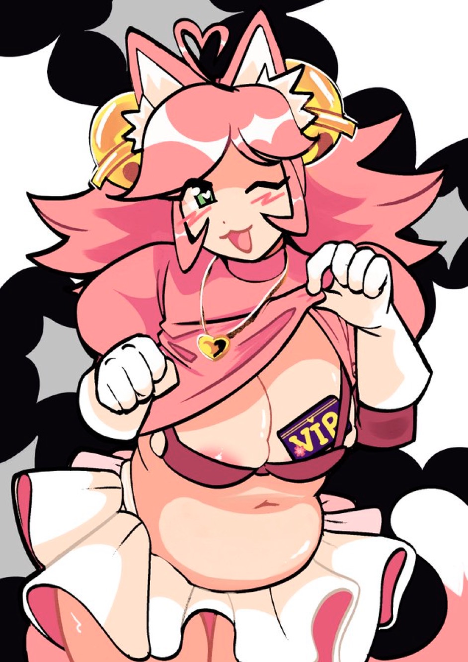 ahoge, areola, areola slip, bra, chubby belly, chubby female, deltarune, deltarune chapter 5, heart-shaped pupils, lifting shirt, mad mew mew, mew mew (undertale), necklace, nekomimi, one eye closed, pink (deltarune), skirt, undertale