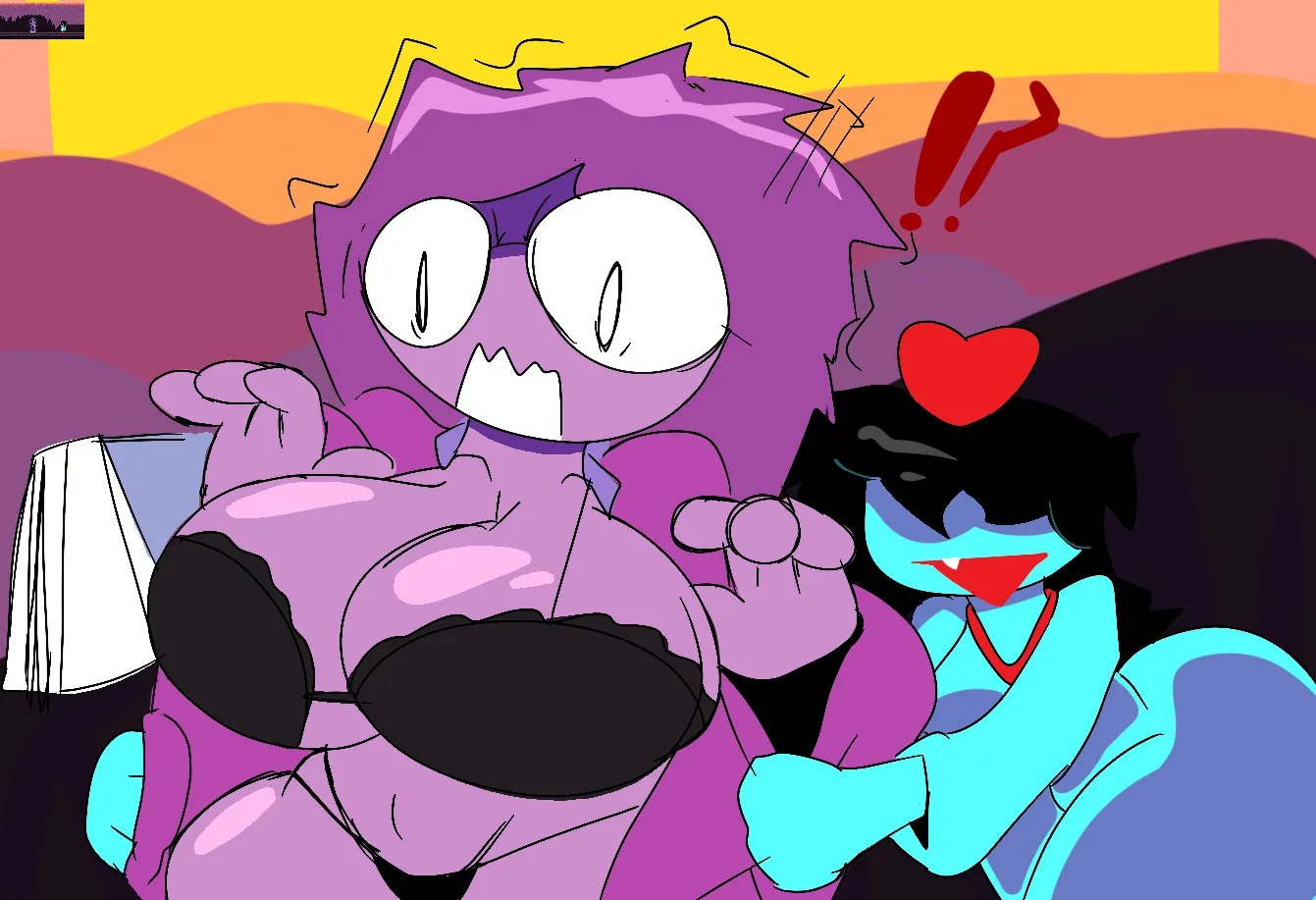 !?, 2girls, aqua (deltarune), big breasts, black eyes, black hair, blue body, blue skin, bluesky link, bra, breasts, clothing, color, deltarune, deltarune chapter 5, female, female focus, female only, genderswap, genderswap (otf), looking down, open eyes, open mouth, partially clothed, pizza rd, purple body, purple hair, rule 63, seth (deltarune), shocked, shocked expression, standing, surprised, surprised expression, thick thighs, thighs, underwear, undressing, undressing another, wide hips