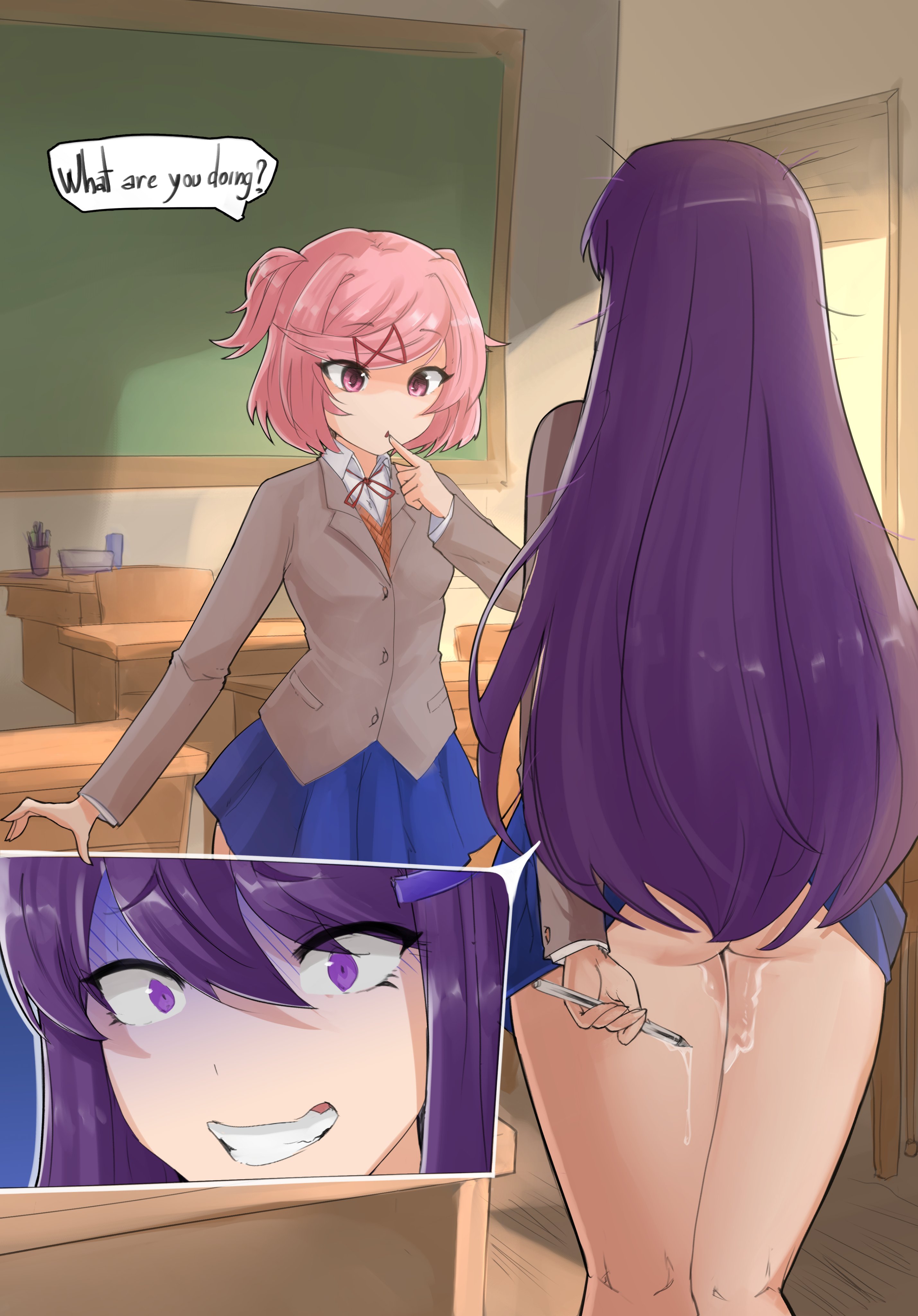2girls, ass, caught, caught in the act, caught masturbating, clothed, doki doki literature club, english text, female, female only, long hair, lu arts, masturbation, multiple girls, natsuki (doki doki literature club), text, yuri (doki doki literature club)