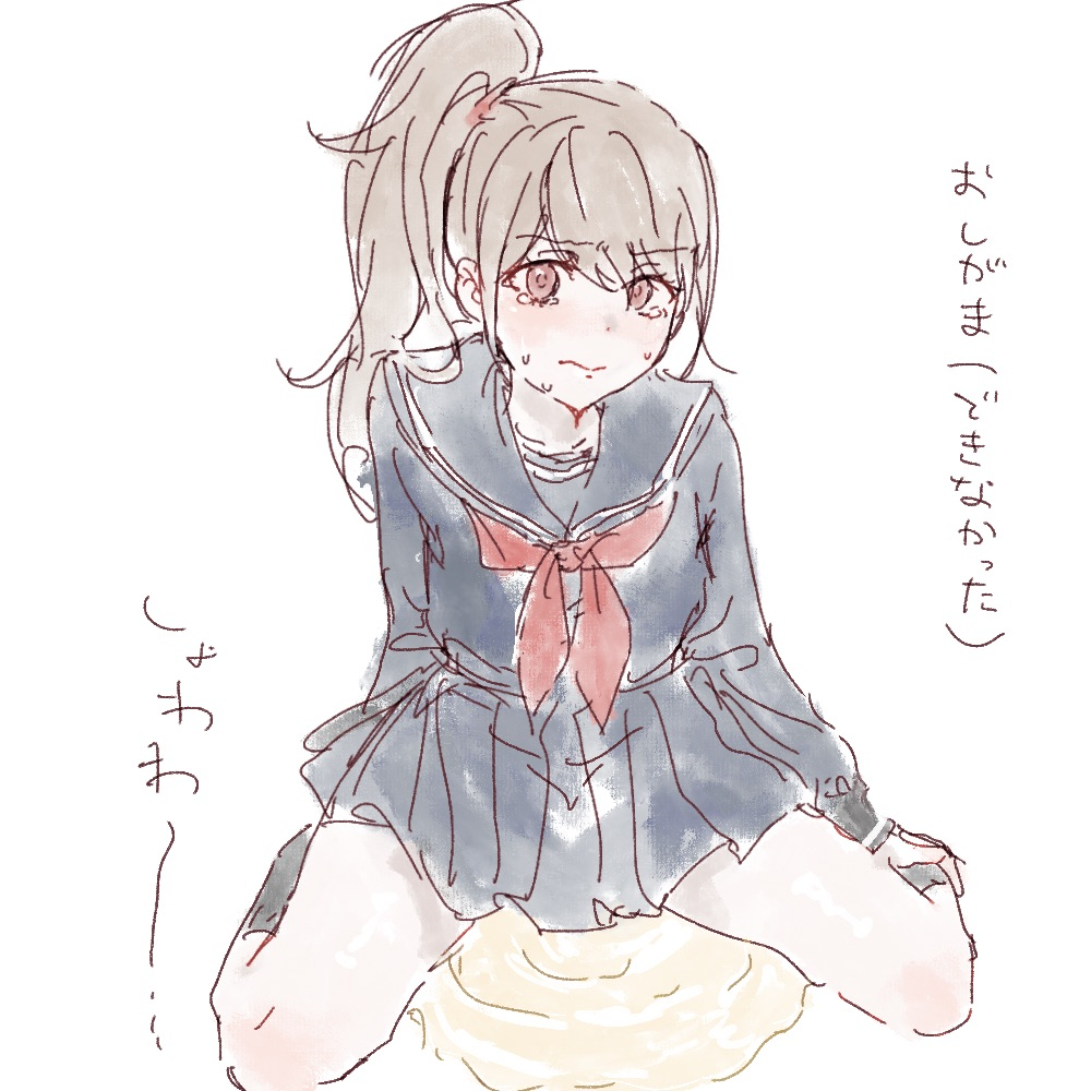 blush, brown eyes, brown hair, canon genderswap, embarrassed, female, female only, full body, fully clothed, genderswap (mtf), gintama, long hair, looking at viewer, official alternate costume, okita sougo, okita souko, omorashi, peeing, peeing self, pissing, pissing on floor, ponytail, rule 63, school uniform, serafuku, shirogu, side ponytail, sitting, solo, sweat, urination, urine pool, wariza