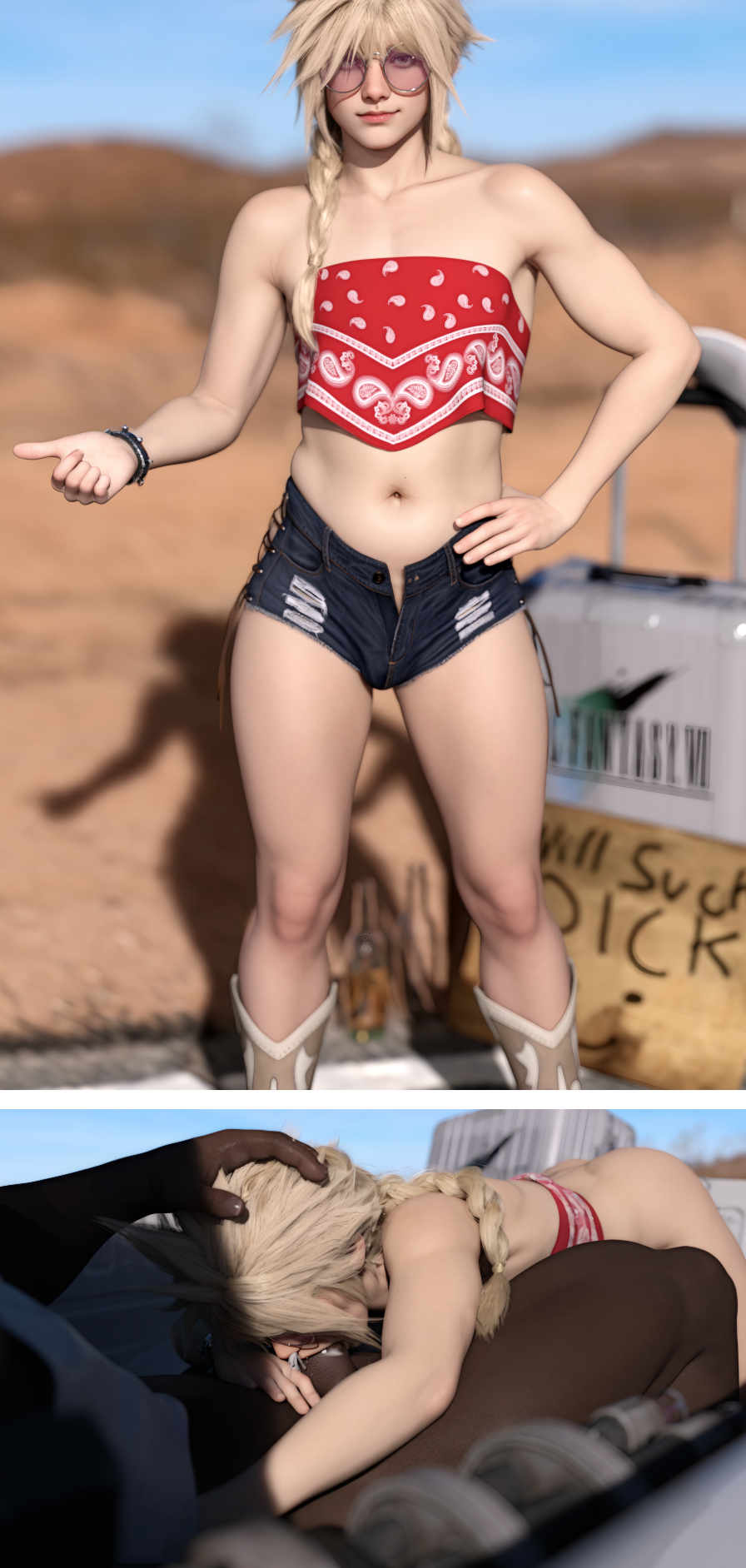 3d, 3d (artwork), abs, barret wallace, blonde hair, blowjob, braided hair, chubby, chubby male, cloud strife, cowboy boots, crossdressing, cum, cum in mouth, cum out nose, dark skin, dark-skinned male, day, deep throat, femboy, final fantasy, final fantasy vii, final fantasy vii remake, forced, forced deepthroat, gay, girly, glasses, hand on head, hdregrets, hitchhiking, hotpants, human, human male, interracial, jean shorts, light skin, light-skinned femboy, light-skinned male, male, male focus, male only, midriff, minishorts, open clothes, open shorts, oral, oral sex, outdoors, red lipstick, short shorts, shorts, sissy, size difference, small bulge, square enix, tummy, twink, uncensored, yaoi