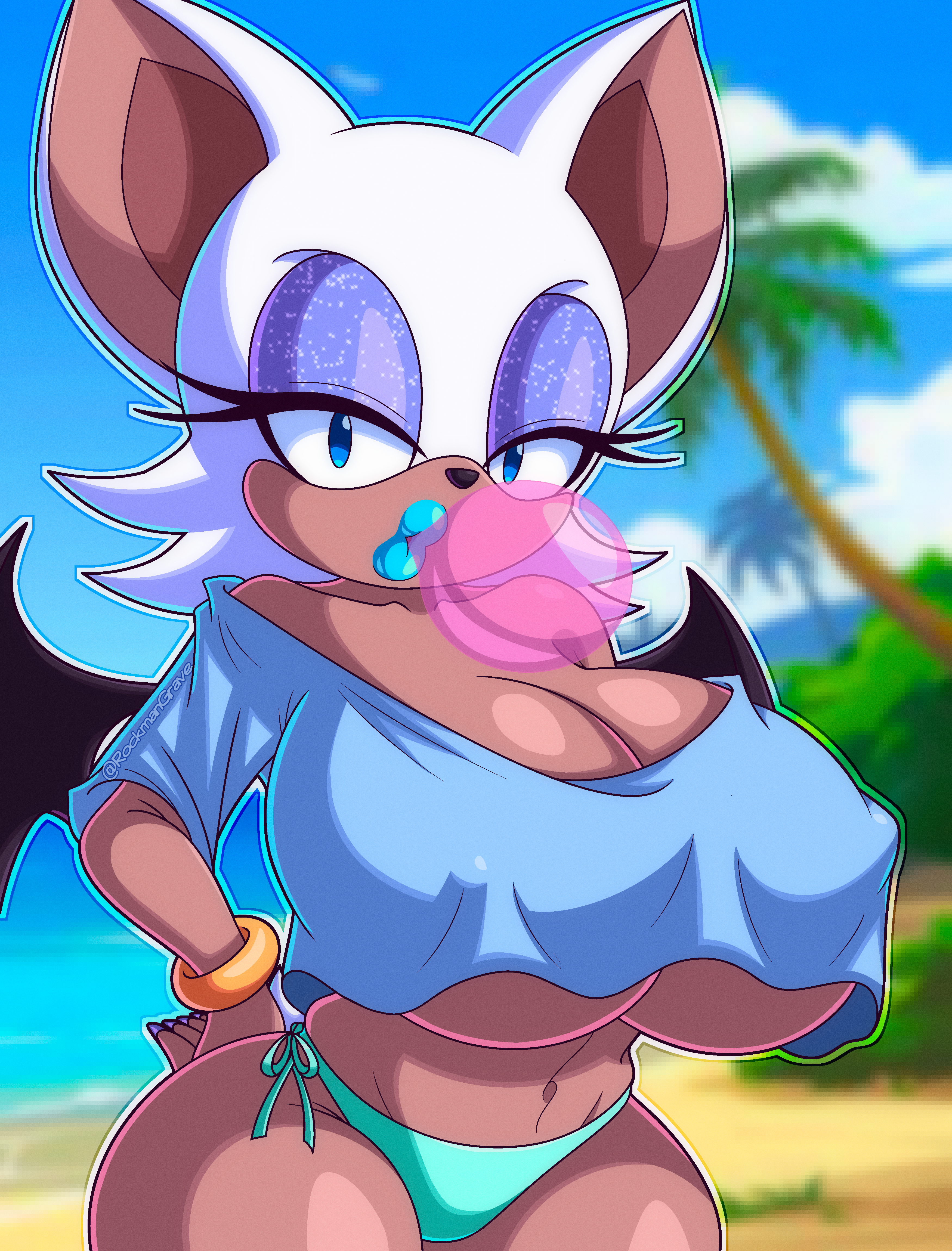 1girls, animal ears, anthro, armwear, bat, bat ears, bat wings, big breasts, bikini bottom, bimbo, blue eyeshadow, blue lips, blue lipstick, blue nail polish, blue nails, blue shirt, bottomwear, bracelet, breasts, cleavage, ear piercing, earrings, eyeshadow, female, female only, green eyes, half-closed eyes, huge breasts, lips, lipstick, nail polish, nails, revealing clothes, rockmangrave, rouge the bat, sega, shirt, solo, solo female, sonic (series), sonic the hedgehog (series), thick thighs, thighs, thong, topwear, wings