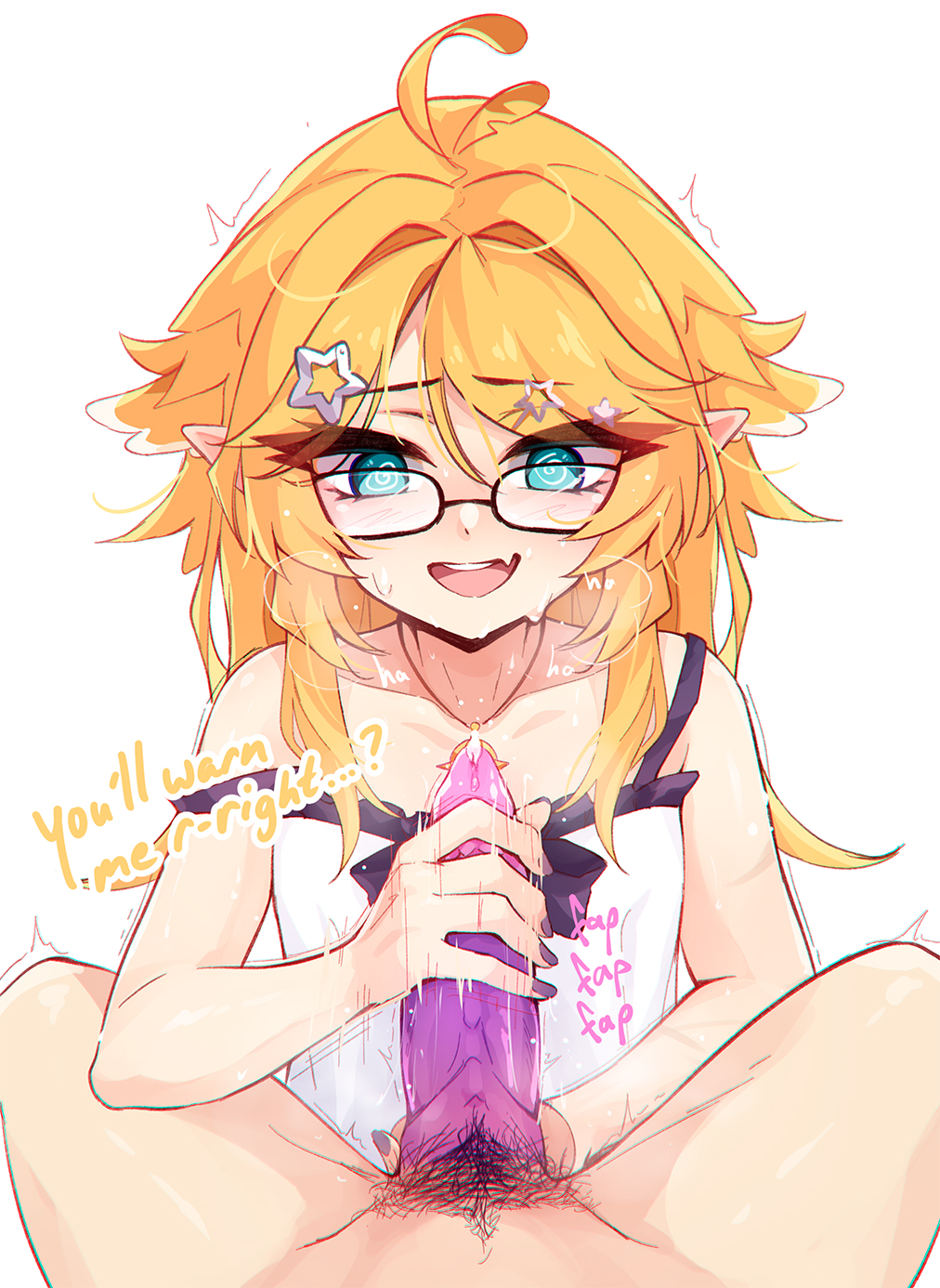 1futa, 1girl, 1girls, 1other, ahoge, blonde hair, caressing testicles, commentary, dokibird, dragon cock, dragon girl, english commentary, fang, female, flat chest, futa on female, futanari, glasses, green eyes, hair ornament, handjob, head wings, indie virtual youtuber, jerking off another, jerkingoff another, nightgown, nijisanji, nijisanji en, ricegnat, selen tatsuki, small breasts, star hair ornament, sweat, sweating, swirly eyes, talking to partner, testicles, virtual youtuber, vtuber, white nightgown