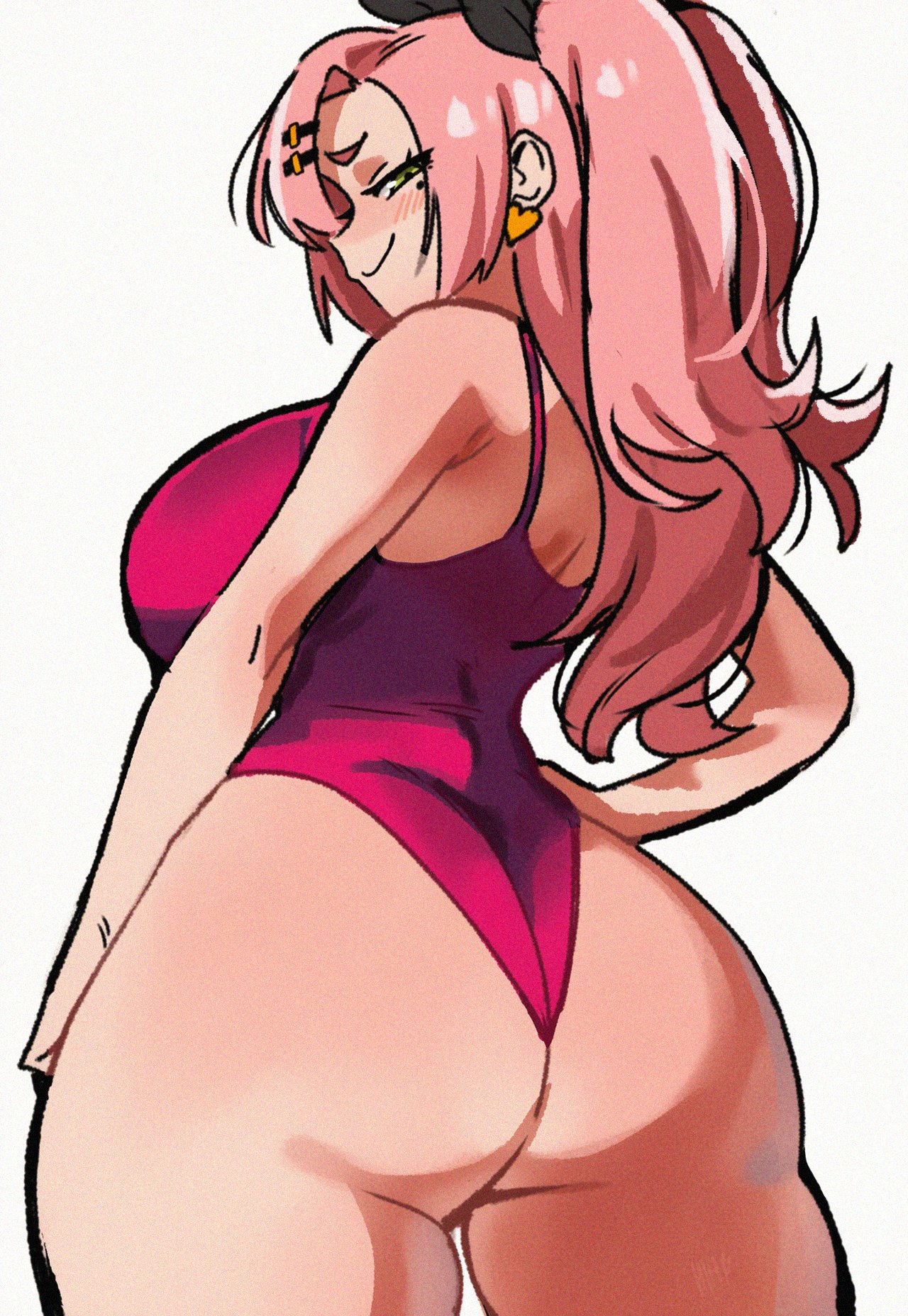 1girls, ass, blush, breasts, cleavage, earrings, from behind, hair ornament, jewelry, large breasts, long hair, looking at viewer, looking back, nicole demara, one-piece swimsuit, pink hair, smile, solo, swimsuit, wide hips, yellow eyes, zenless zone zero