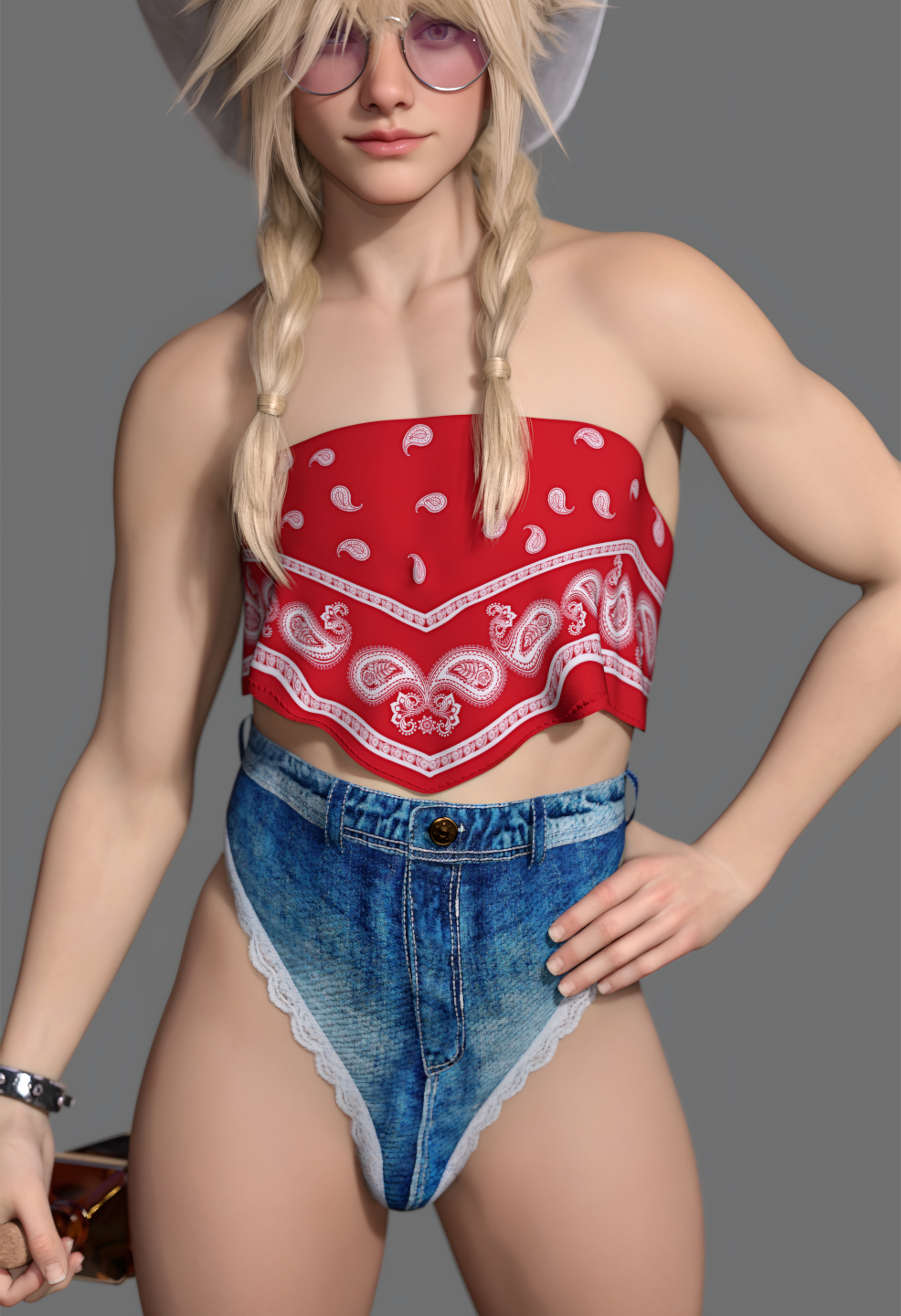 1boy, 3d, alcohol, alcohol bottle, alcoholic drink, blonde hair, blue eyes, braided hair, cloud strife, cowboy hat, cowgirl, crossdressing, femboy, final fantasy vii, final fantasy vii remake, hdregrets, hotpants, jean shorts, light skin, simple background, sissy, sunglasses, twink