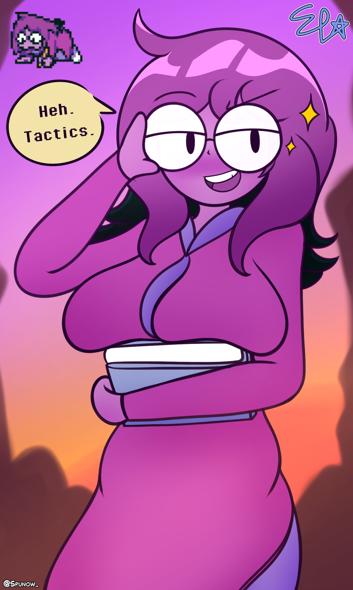 1girls, big breasts, black eyes, book, breasts, clothed, clothed female, clothing, color, deltarune, deltarune chapter 5, dialogue, english text, female, female focus, female only, fully clothed, genderswap, genderswap (otf), glasses, looking at viewer, open eyes, open mouth, open smile, outdoors, purple body, purple hair, purple skin, rule 63, seth (deltarune), shirt, smile, spunow , squished breasts, standing, talking to viewer, text, twitter link