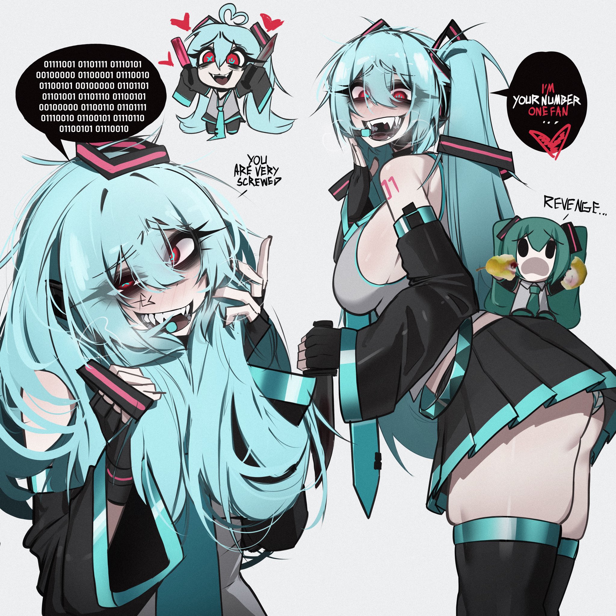 1girls, ass, big ass, big breasts, binary code, blue eyes, breasts, clothed, clothing, crazy, crazy eyes, crazy smile, dialogue, english text, female, female yandere, glitchace, hatsune miku, looking at viewer, miniskirt, panties, pearto, red eyes, sharp teeth, simple background, skirt, spoken heart, stockings, talking to viewer, text, tie, twintails, upskirt, vocaloid, yandere