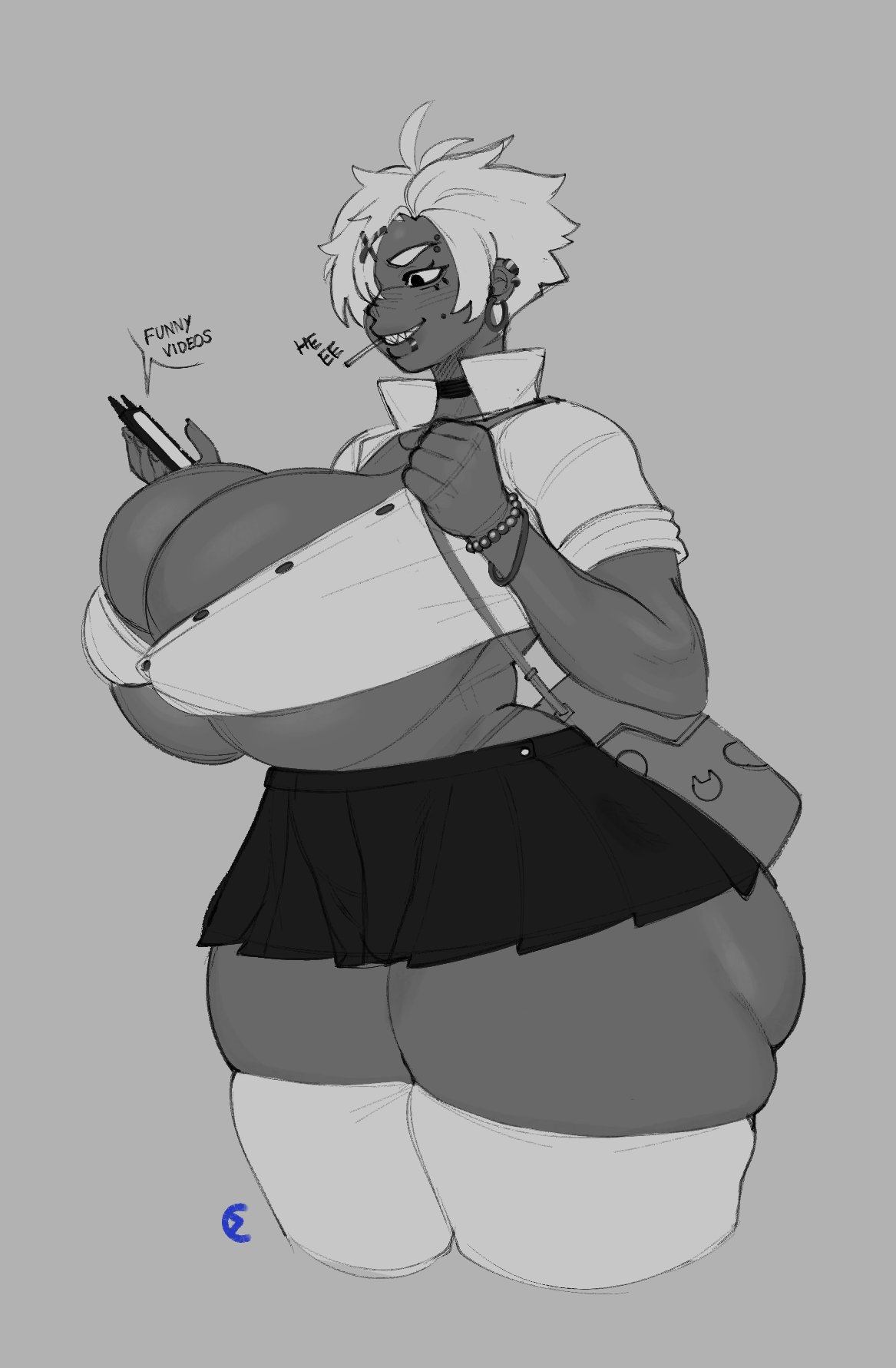 1girls, breasts, curvy, female, gigantic breasts, gyaru, huge breasts, mertius, monochrome, phone, school uniform, schoolgirl, skirt, tagme, thick thighs