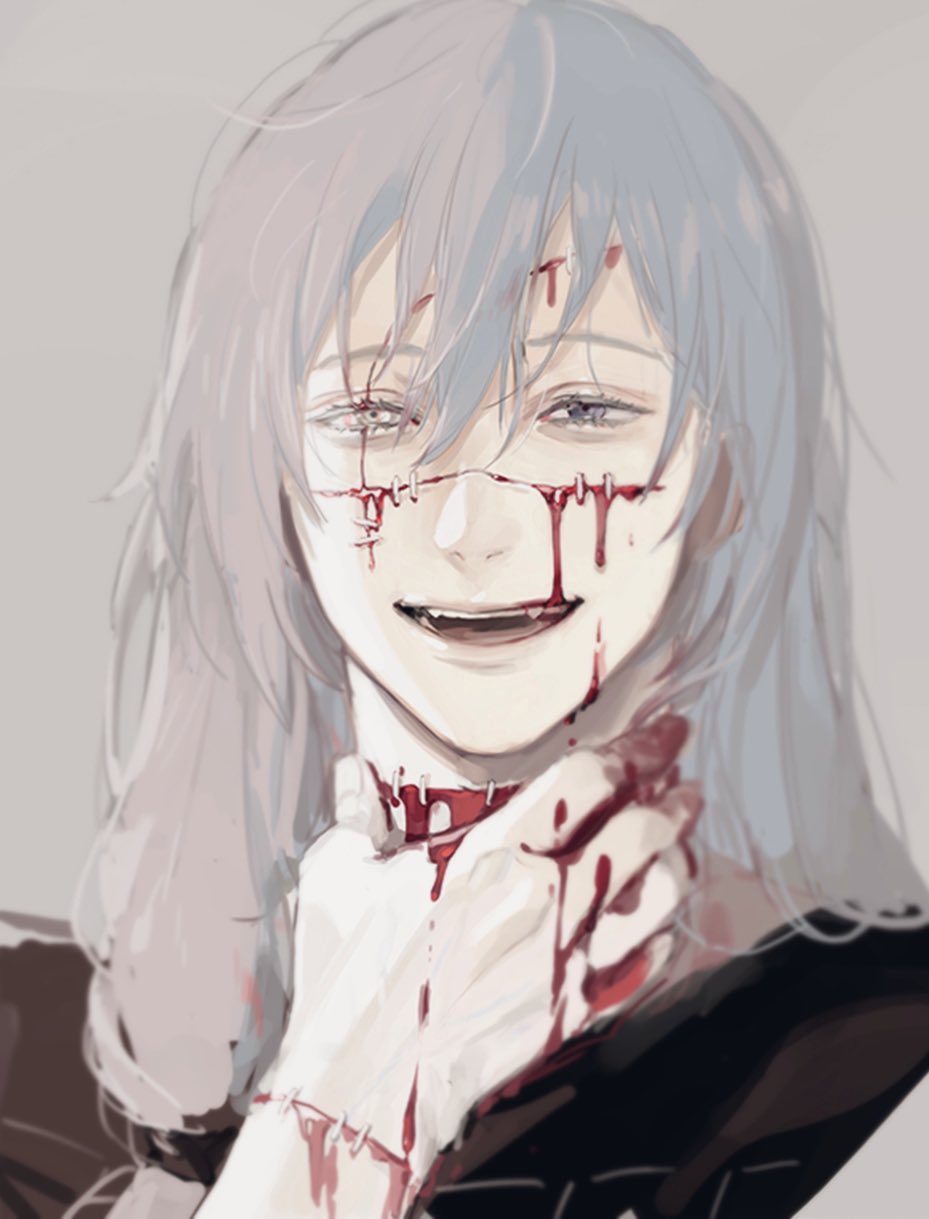 bleeding blood blood_on_face blue_eyes blue_hair eyelashes grey_background hand_on_own_neck heterochromia highres jujutsu_kaisen long_hair mahito_(jujutsu_kaisen) male_focus nonockha portrait stitched_arm stitched_face stitched_neck stitches yellow_eyes