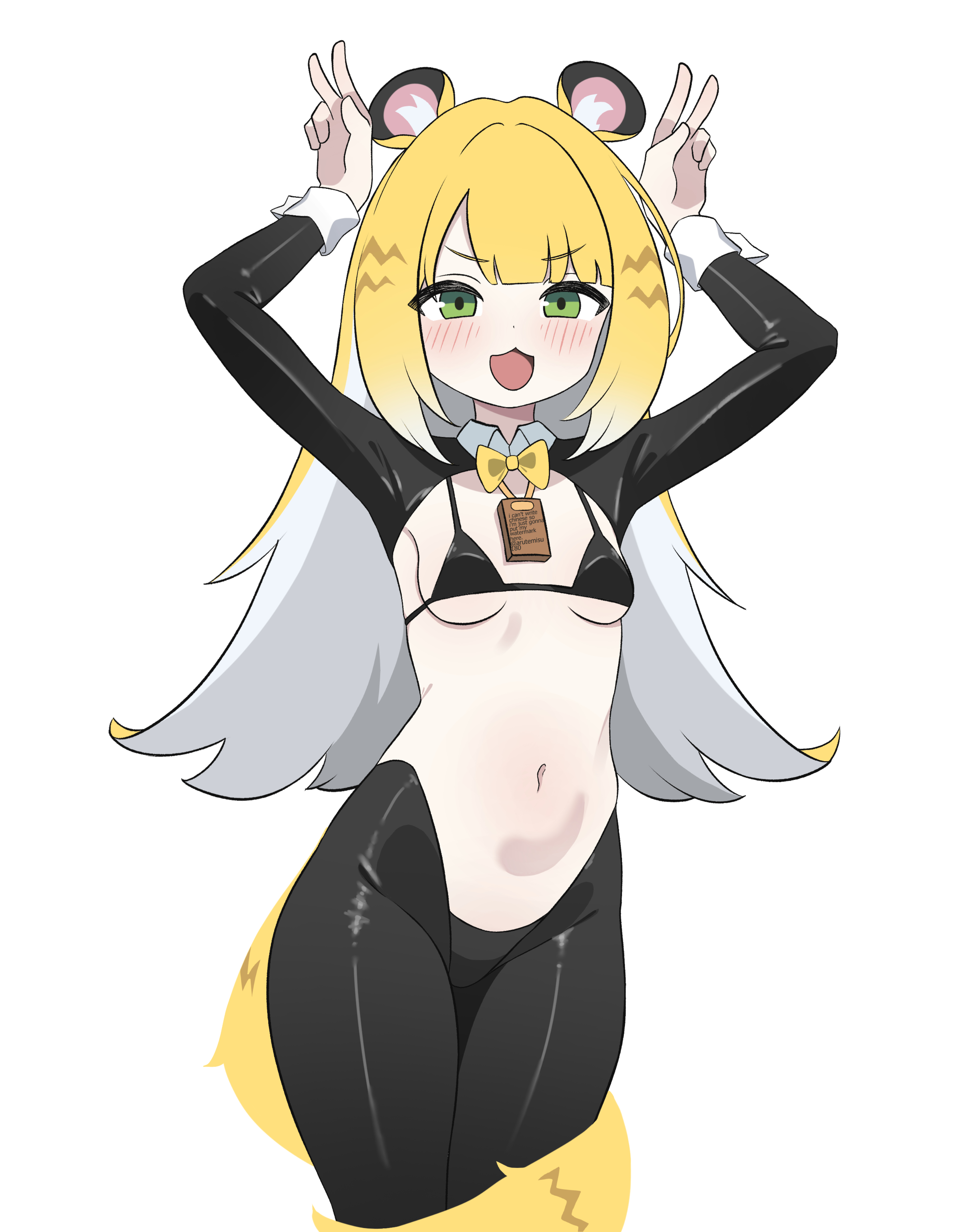 arutemisu180, female, green eyes, hoyoverse, ju fufu, kemono, latex thighhighs, peace sign, tagme, thiren, tiger ears, tiger girl, tiger tail, yellow hair, zenless zone zero