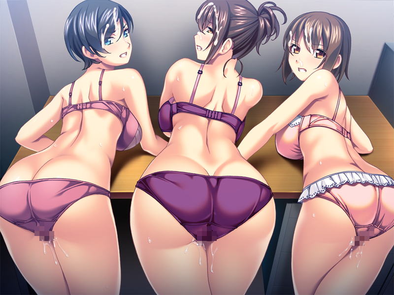 3girls ass ass_cleavage back bare_arms bare_legs bare_shoulders bent_over bent_over_desk bent_over_table black_hair blue_eyes bra breasts brown_hair butt_crack censored clenched_teeth cum cum_on_hair eyebrows eyebrows_visible_through_hair facial from_behind game_cg highres large_breasts legs looking_back mosaic_censoring multiple_girls panties ponytail pussy_juice sakura_romako shain_kyouiku:_koremade_no_urami,_subete_harashiteyaru! short_hair sweat table take_your_pick thighs tied_hair underwear wet yellow_eyes