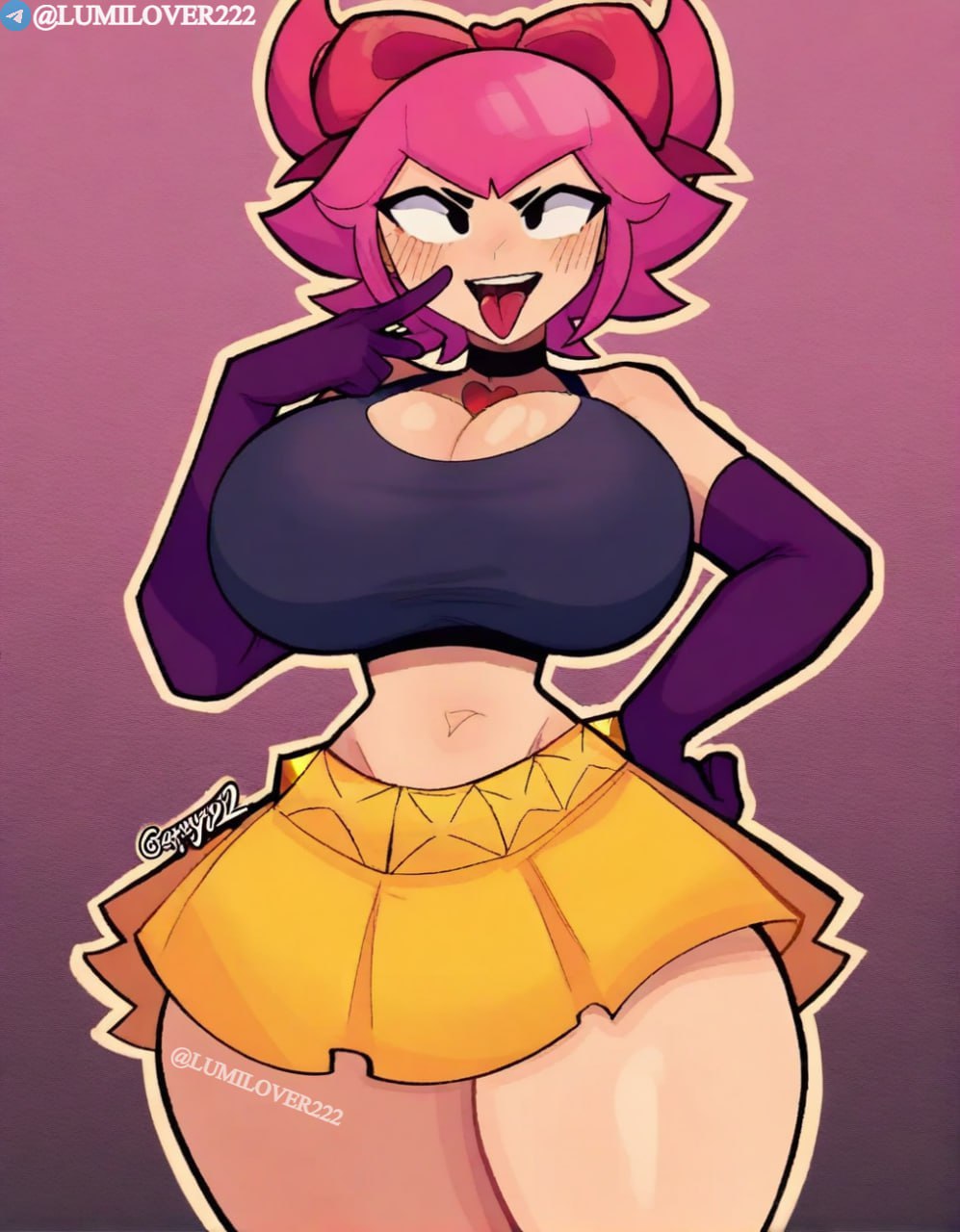 ai generated, big breasts, big thighs, brawl stars, breasts, female, huge thighs, lumilover222, melodie (brawl stars), pink hair, skirt, thighs, tongue, tongue out