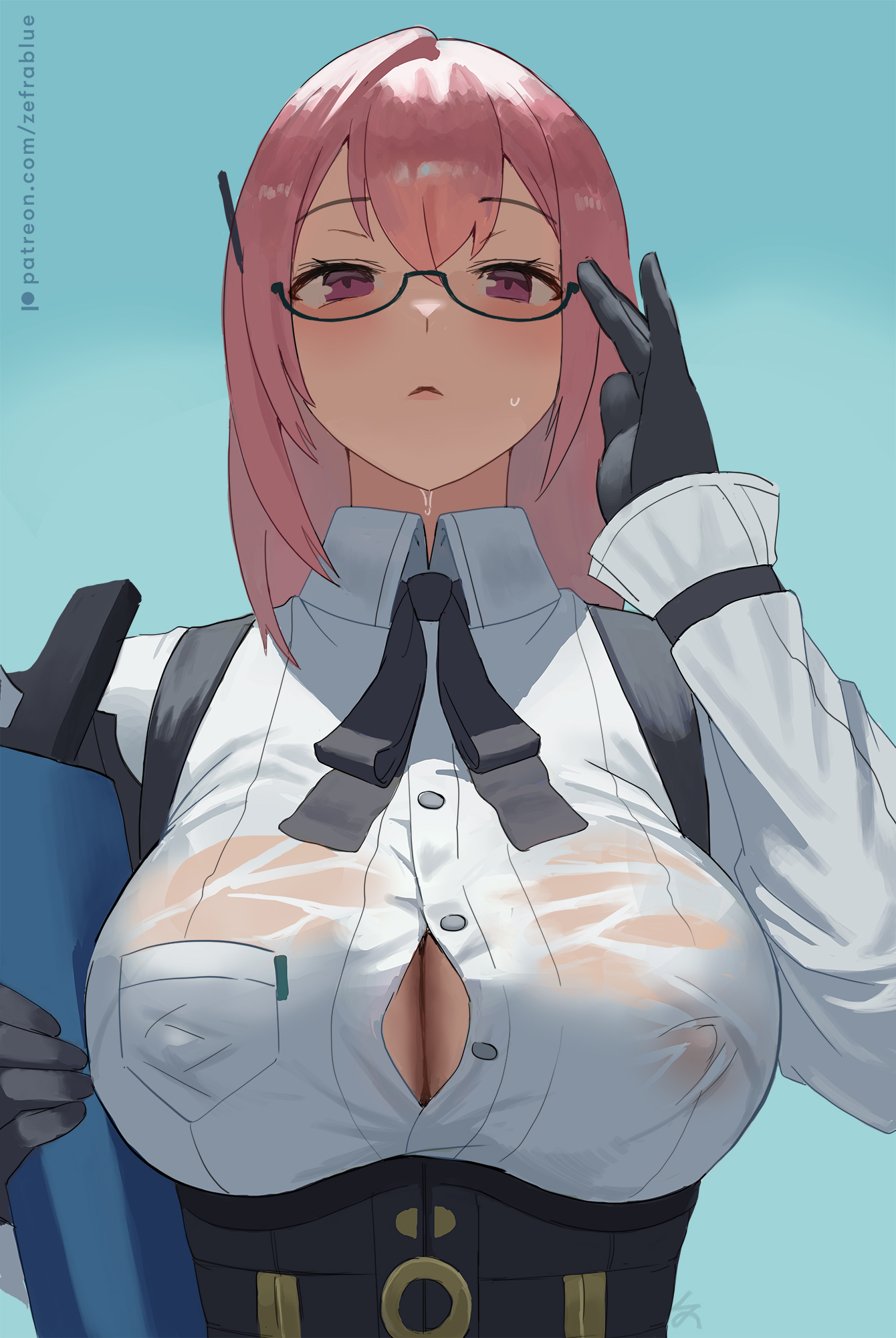 1girls, 2025, 2d, 2d (artwork), adjusting glasses, artist name, artist signature, big breasts, blue background, breast focus, breasts, buttons, cleavage, cleavage cutout, clipboard, clothed, clothed female, covered erect nipples, ear piercing, earrings, eyewear, female, female only, glasses, hair, headset, headwear, high resolution, highres, huge breasts, looking at viewer, neck ribbon, neckwear, nipple bulge, no sex, patreon, pink hair, purple eyes, ribbon, shirt, simple background, solo, solo female, tsukishiro yanagi, unbuttoned, unbuttoned shirt, upper body, white shirt, zefra bleu, zenless zone zero