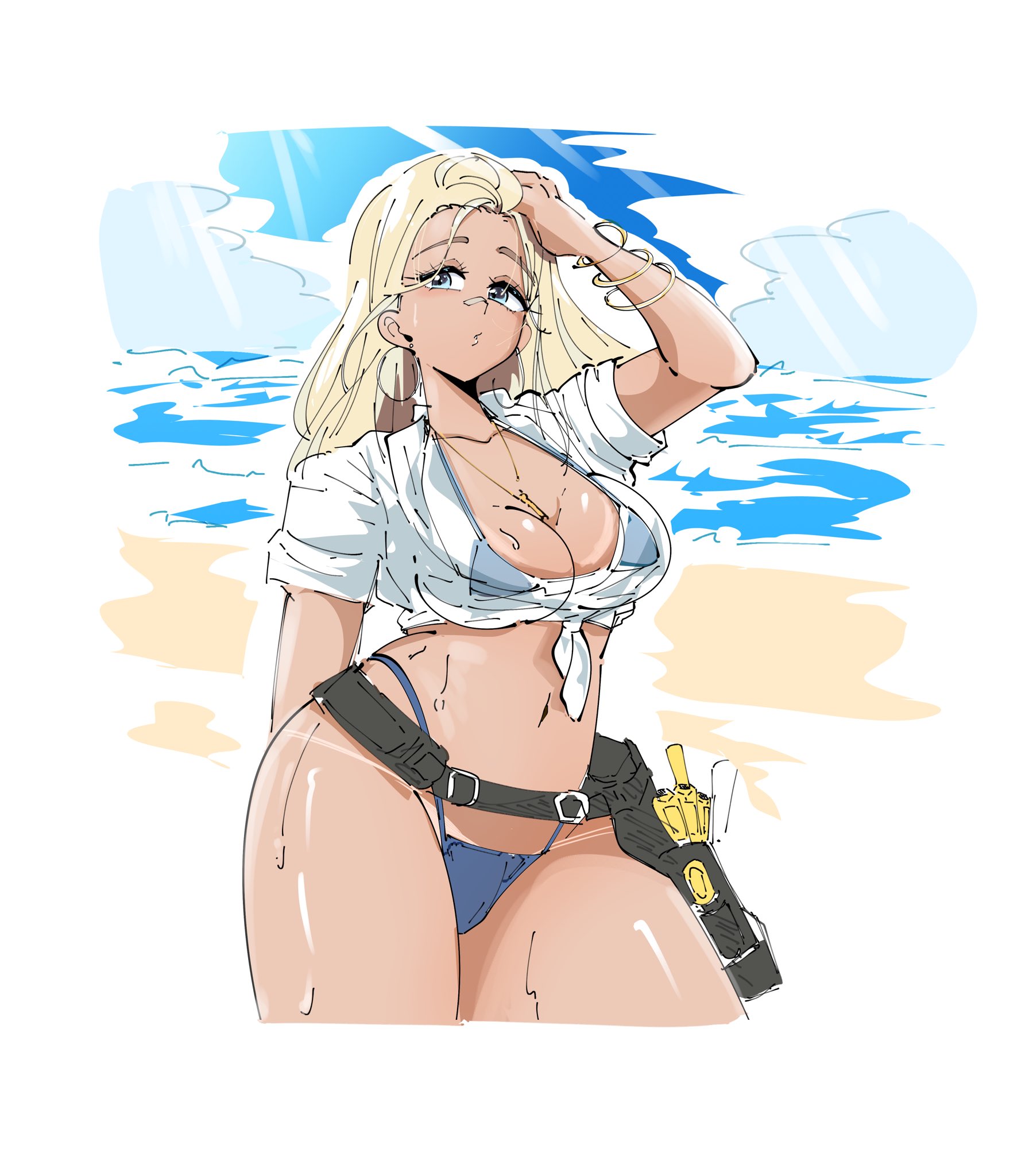 1girls, bandage, bandage on nose, beach, belt, blonde hair, blue eyes, blue swimsuit, bracelet, bracelets, breasts, cain lk, centi (nikke), centi (ocean repair) (nikke), cleavage, earrings, female, female focus, female only, goddess of victory: nikke, hi res, long hair, looking at viewer, navel, necklace, ocean, official alternate costume, pov, see-through clothing, shirt, swimsuit, tanline, tanned female, tanned skin, thighs, thighs together, tool belt, wet, wet skin