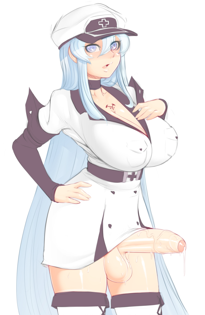 1futa akame_ga_kill! balls bimbo breasts cleavage curvy erection erection_under_clothes erection_under_skirt esdeath_(akame_ga_kill!) futa_only futanari huge_breasts intersex large_balls large_penis long_hair looking_at_viewer mascara necrosmos no_panties penis penis_out penis_under_clothes penis_under_skirt precum precum_drip skirt skirt_lift solo