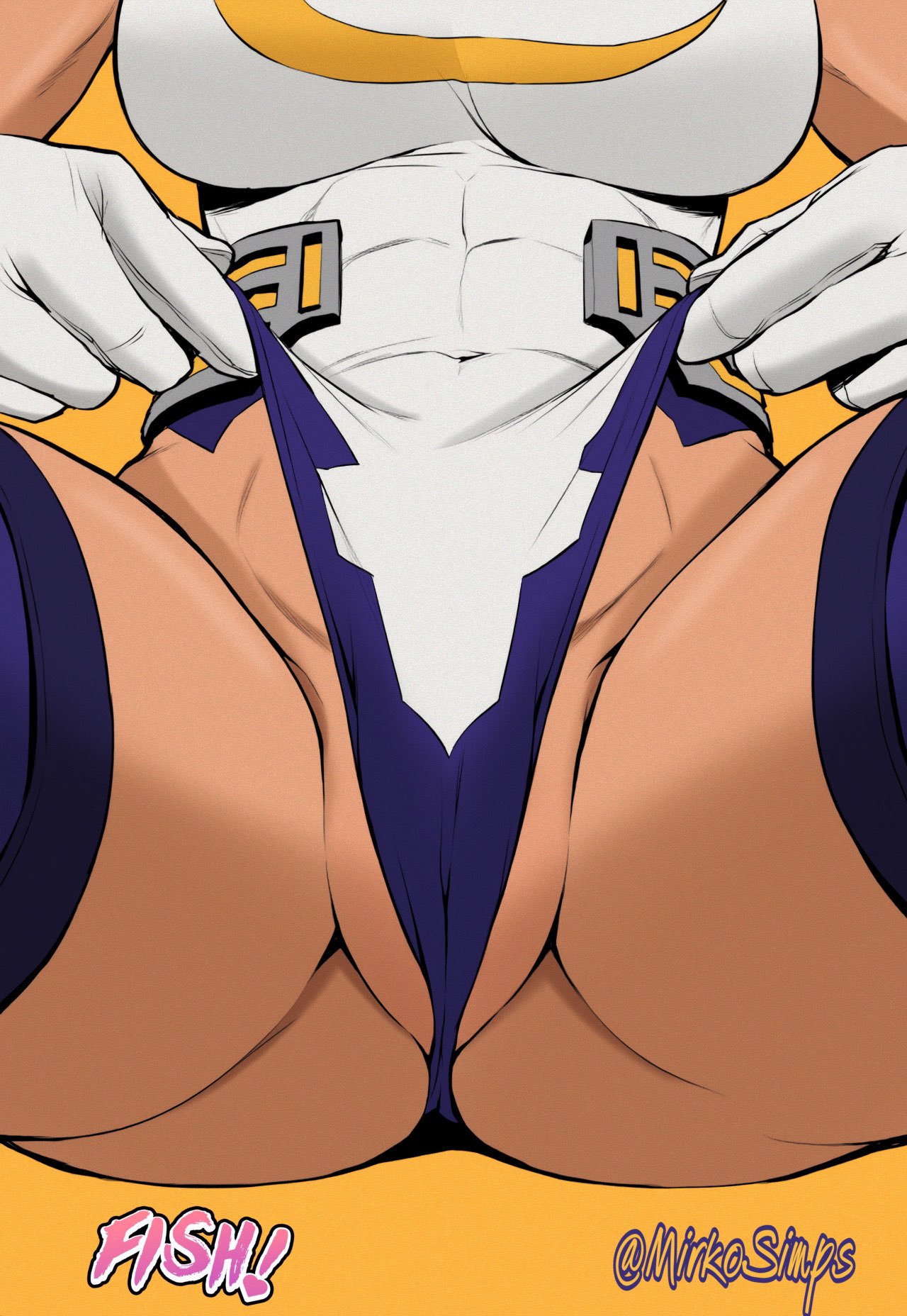 1girls, artist collaboration, artist name, ass, boku no hero academia, breasts, cameltoe, colorized, commentary, covered abs, covered navel, crescent print, crotch focus, dark skin, dark-skinned female, english commentary, female, female only, gloves, head out of frame, highleg, highleg leotard, highres, large breasts, leotard, leotard pull, lower body, mirko, mirkosimps, miruko, my hero academia, orange background, parallaxfused, pulling own clothes, purple thighhighs, pussy, rumi usagiyama, simple background, solo, spread legs, taut leotard, thick thighs, thighhighs, thighs, toned, toned female, twitter username, white gloves, white leotard