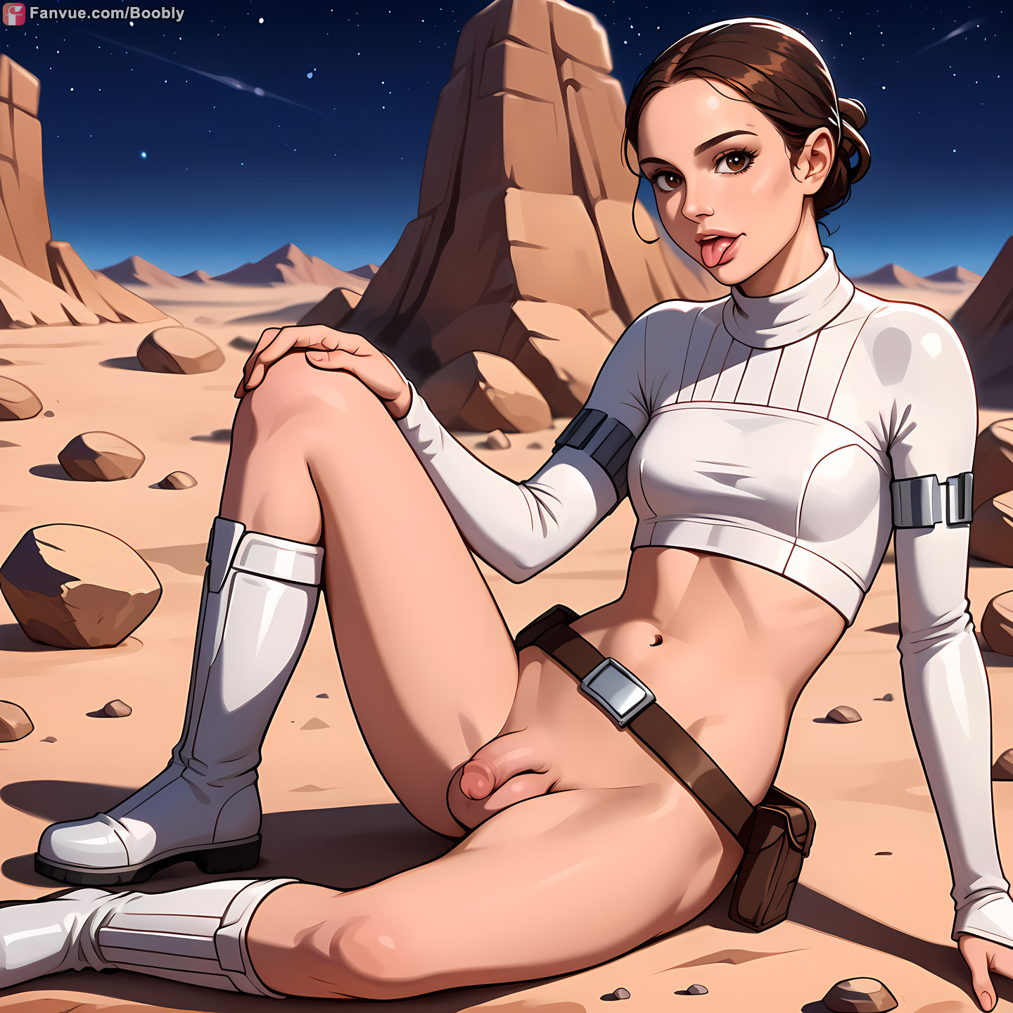 1futa, ai generated, boobly, boots, breasts, brown hair, desert, flaccid, futa only, futanari, hair bun, intersex, legs apart, light skin, light-skinned futa, lying, padme amidala, penis, sitting, solo, star wars, tongue