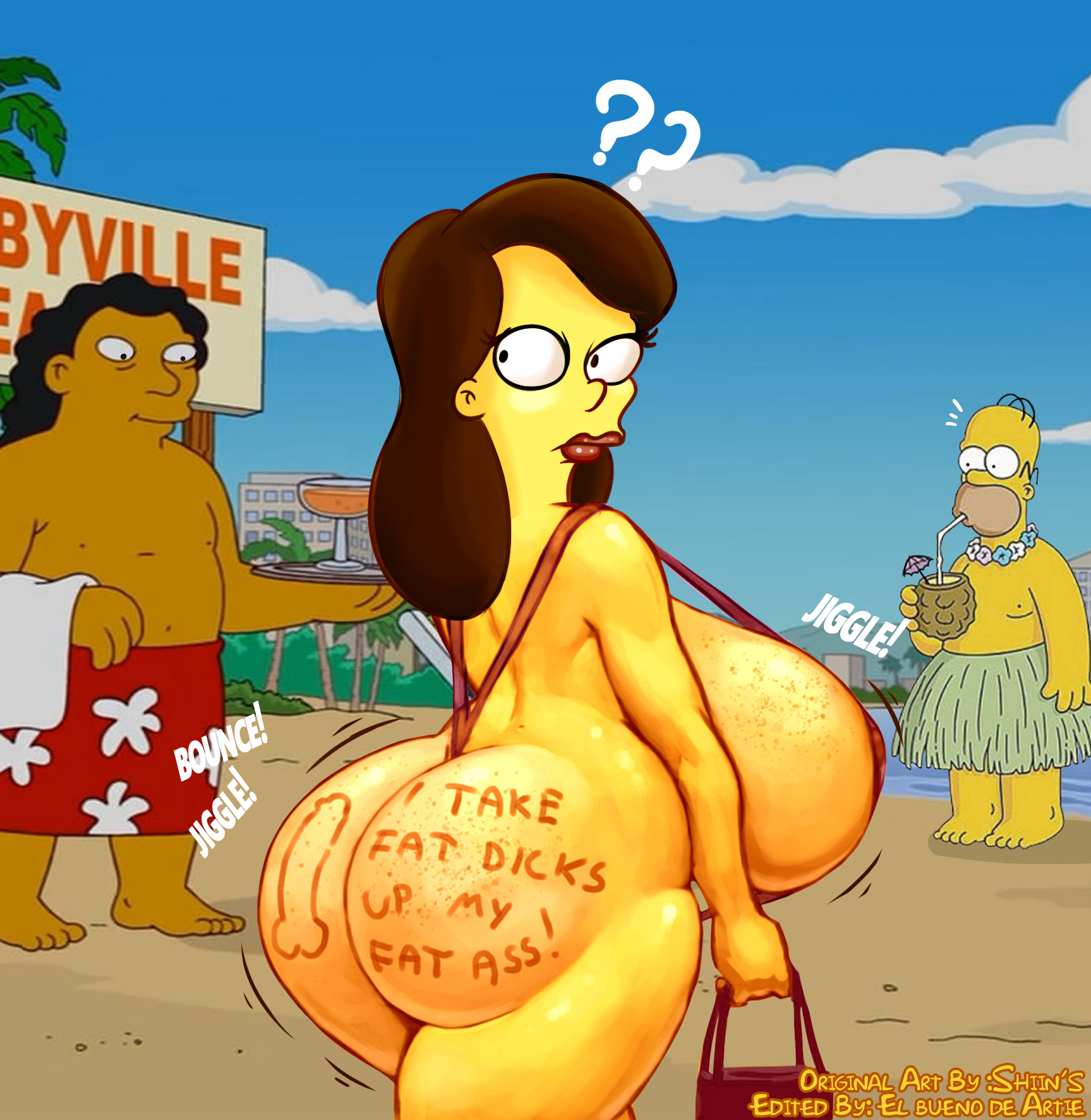 ??, artist name, back view, bag, beach, body markings, body writing, breasts, brown hair, cellulite, edit, el bueno de artie, female, from behind, handbag, hawaiian, homer simpson, huge ass, huge breasts, lipstick, long hair, looking back, maya (simpsons), micro bikini, red bikini, red lipstick, red micro bikini, screencap, screencap inset, shiin (edit), the simpsons, thick thighs, unaware