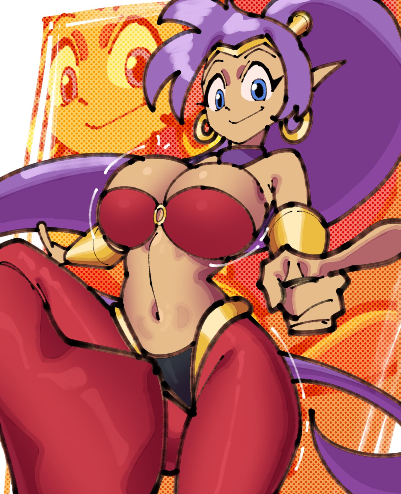 1girls, belly, belly button, big breasts, breasts, cleavage, clothed, clothed female, clothing, cloudiel, female, female only, long hair, ponytail, purple hair, shantae, shantae (character), smile, smiling, solo, solo female, thighs