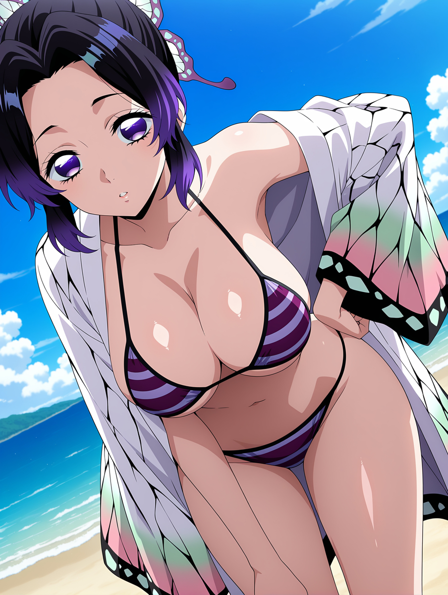 1girls, ai generated, bikini, demon slayer, female, kochou shinobu, purple bikini, solo, striped bikini
