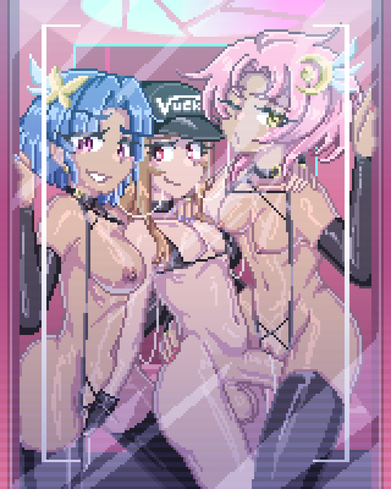1boy, 2girls, blue hair, female, femboy, male, pink hair, scuttlefish, sex, straight, tagme