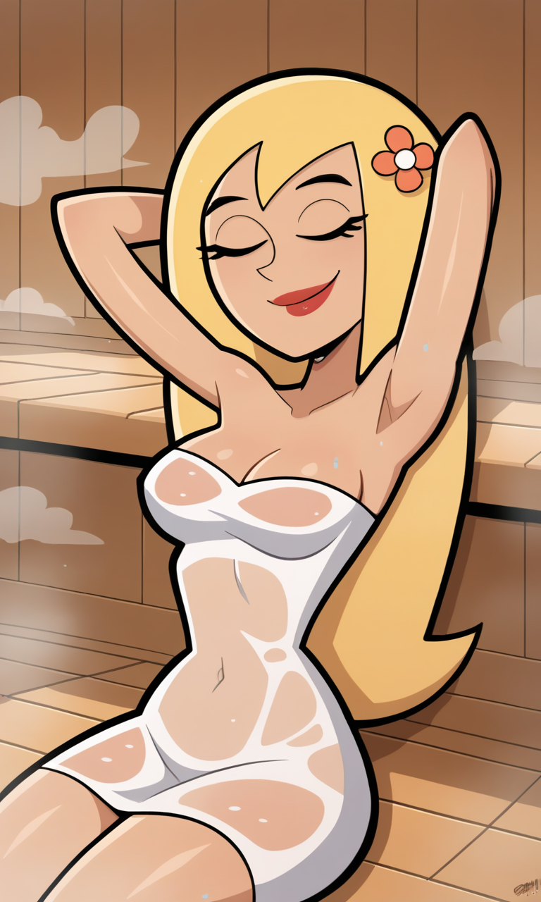 ai_generated ass athletic athletic_female bigmic145 blonde_hair breasts bust busty cleavage curvy curvy_body curvy_female curvy_figure danny_phantom female fit fit_female hips hourglass_figure legs long_hair nickelodeon sauna see-through see-through_clothing star_(danny_phantom) thick_thighs thighs towel voluptuous waist wet wet_clothes wet_towel