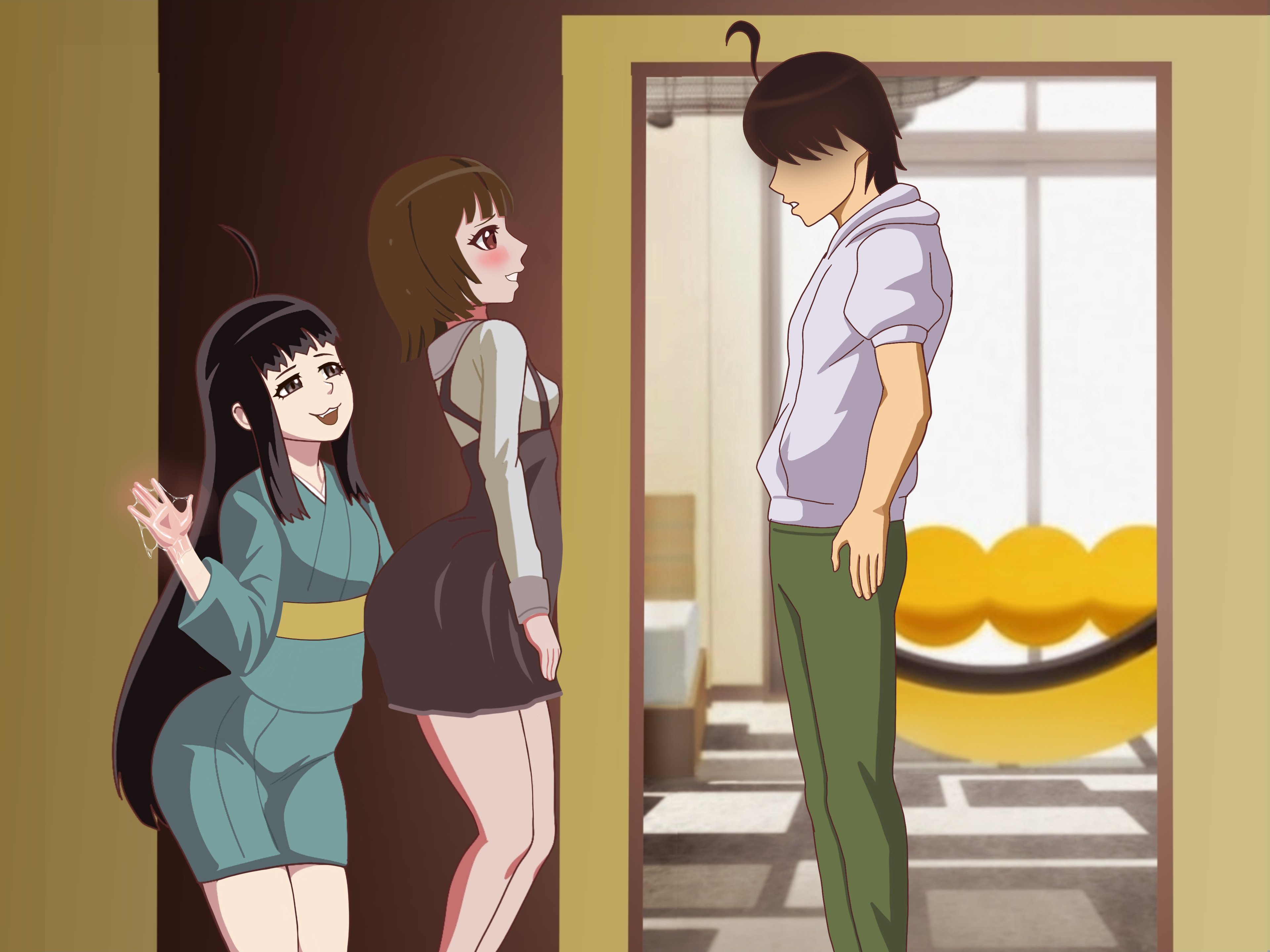 :3, 1boy, 2d, 2girls, acting innocent, after anal, after anal fisting, ahoge, araragi koyomi, araragi tsukihi, bakemonogatari, bangs, behind wall, black hair, blush, book, breasts, brown eyes, brown hair, commission, embarrassed, eyes hidden, female, hallway, hand on mouth, hand wave, house, kenmaruart7, kimono, long hair, looking back, looking up, lube, lube on hand, male, medium breasts, monogatari (series), school uniform, sengoku nadeko, shoulder length hair, skirt, sleeves, smile, standing, tagme, very long hair, yuri