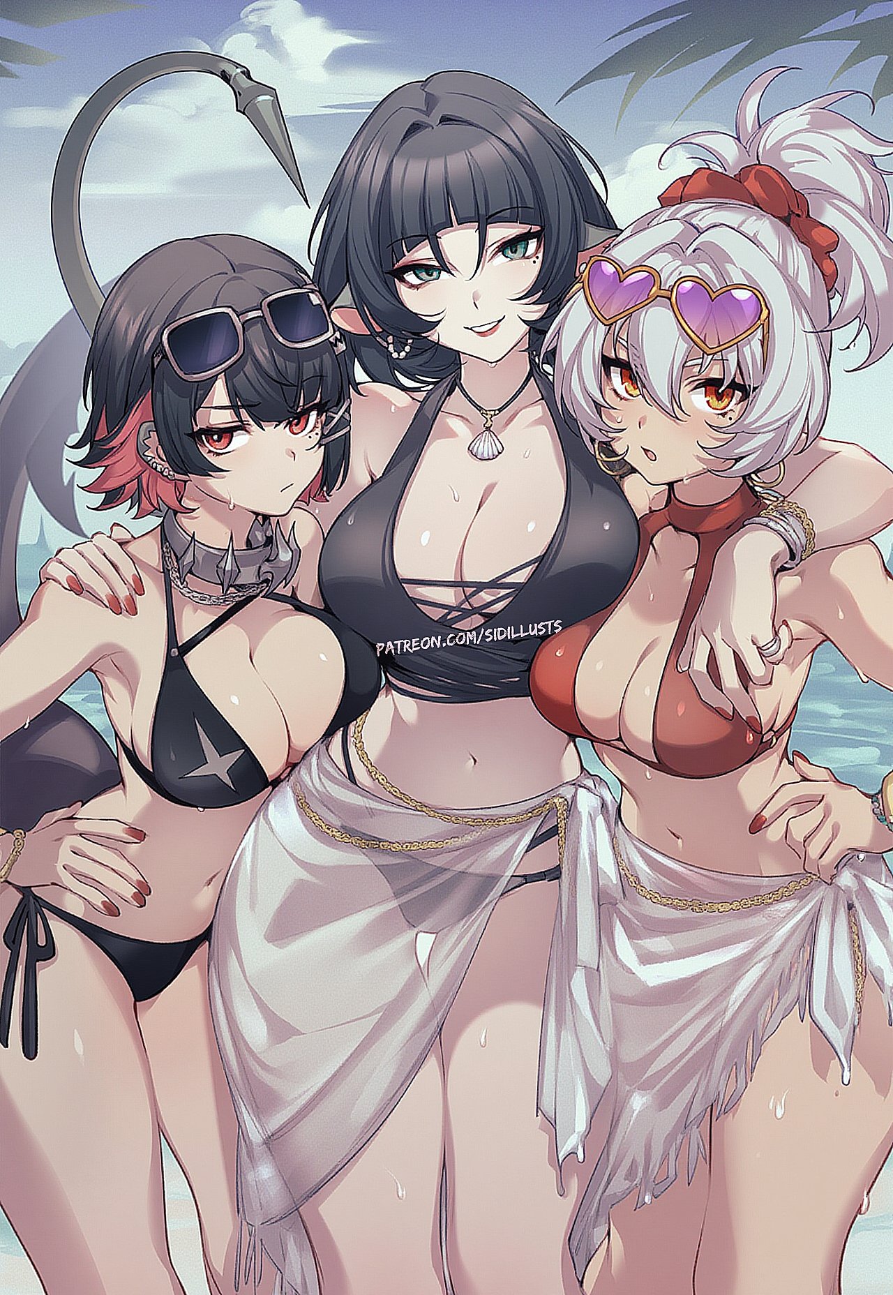 2025, 2d, 3girls, ai generated, bare shoulders, beach, black bra, black hair, blue eyes, blue sky, bracelet, breast press, breasts, cleavage, collarbone, colored inner hair, cowboy shot, ellen joe, english commentary, english text, female, female only, frown, hand on hip, height difference, high ponytail, highres, hoyoverse, jane doe (zenless zone zero), large breasts, leaning forward, looking at viewer, midriff, navel, necklace, ocean, open mouth, orange eyes, outdoors, palm tree, ponytail, red bikini, red eyes, red hair, red lipstick, red nails, sarong, shark tail, shiny skin, short hair, sidillusts, smile, soldier 11, spiked collar, sunglasses on head, wet, white hair, zenless zone zero