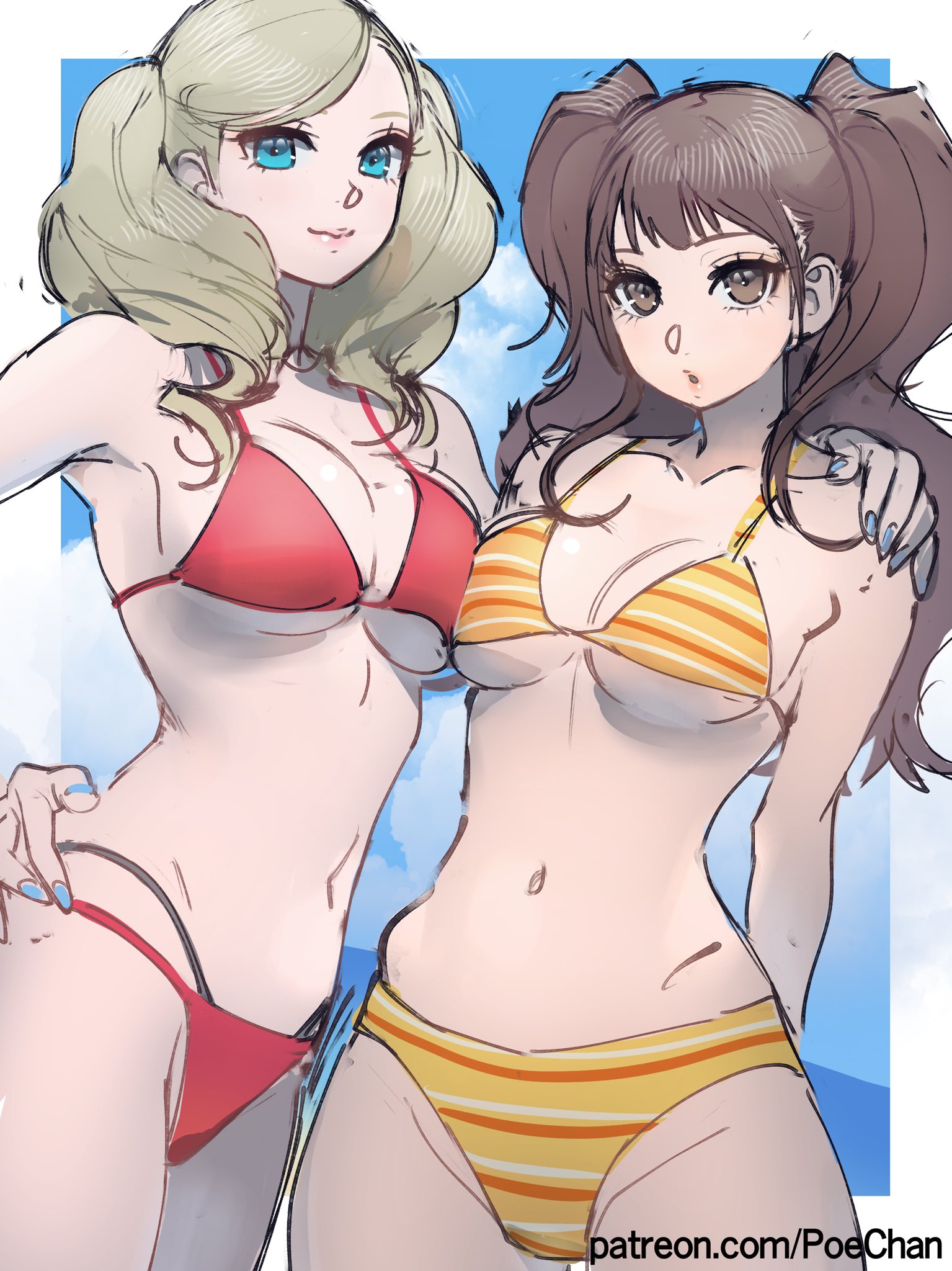 2girls, ann takamaki, arms behind back, bikini, blonde hair, blue eyes, blue nails, border, breasts, brown eyes, brown hair, clothed, cloud, cloudy sky, female, female only, hand on another's shoulder, highres, kujikawa rise, large breasts, long hair, looking at viewer, multiple females, multiple girls, narrow waist, navel, patreon username, persona, persona 4, persona 5, poechan, red bikini, sky, string bikini, striped bikini, striped clothes, swimsuit, twintails, underboob, watermark, web address, white border, yellow bikini