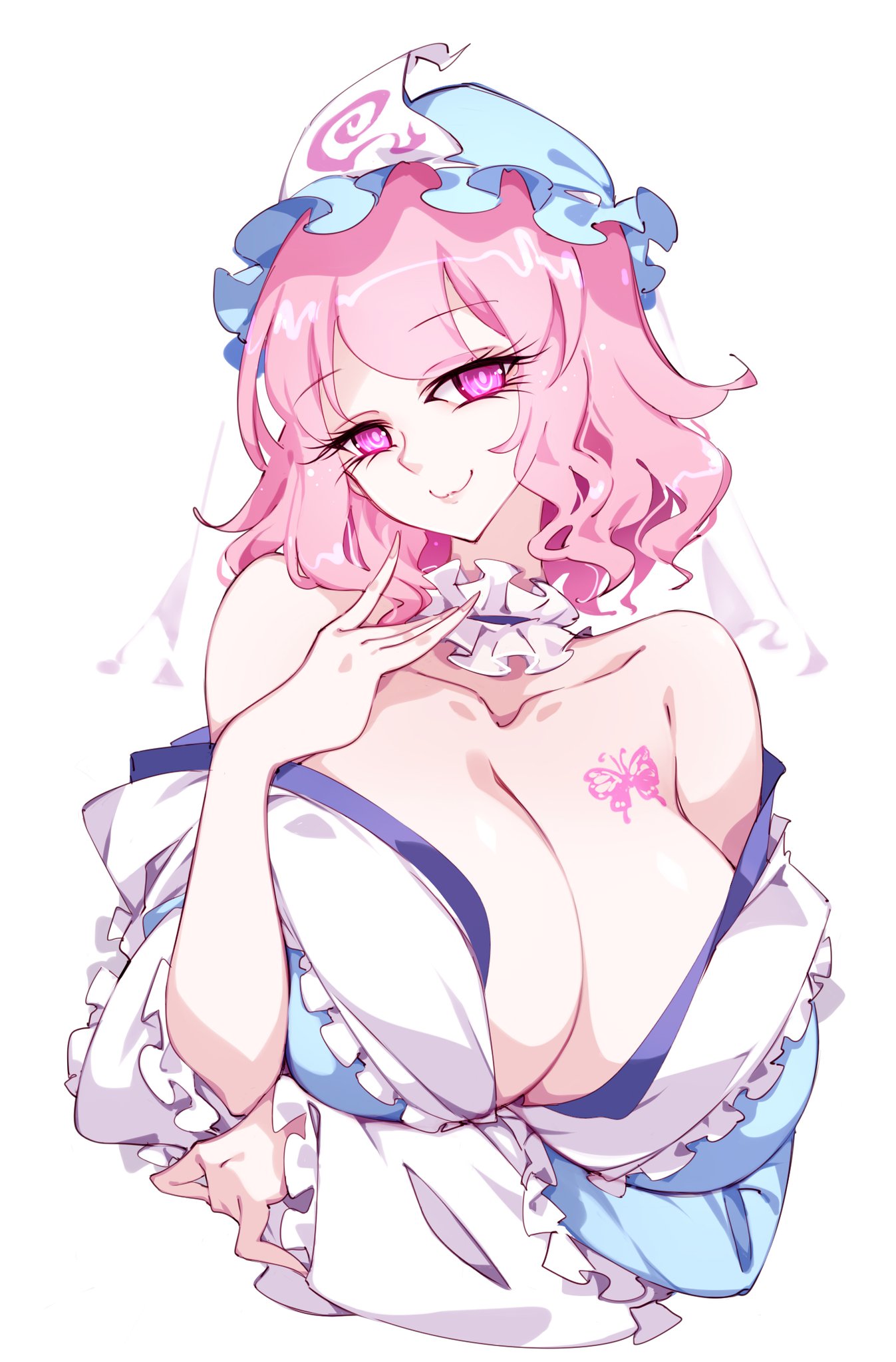 1girls, big breasts, breasts, butterfly, butterfly tattoo, cleavage, clothed female, female, female only, hat, huge breasts, japanese clothes, light skin, light-skinned female, mob cap, pink eyes, pink hair, raptor7, short hair, smile, solo, solo female, tattoo, tattoo on breast, touhou, triangular headpiece, white background, yuyuko saigyouji